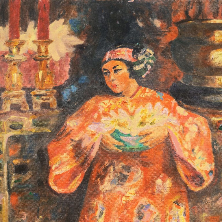 'Young Woman Holding a Vase of Lilies', Chinese, Chinoiserie - Post-Impressionist Painting by Maurice Ehrlich