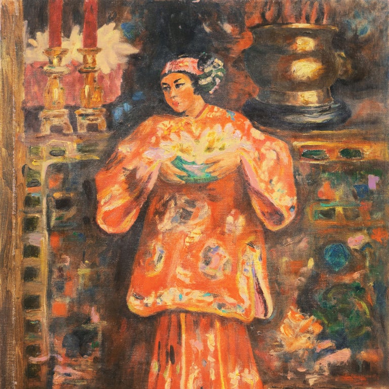 Signed lower right, 'M. Ehrlich'  for Maurice Charles Ehrlich (American, 1932-2016) and dated 1959; additionally dated, verso, June 1959.

A bright study of a young woman dressed in embroidered jacket and pantaloons, shown holding a celadon vase of