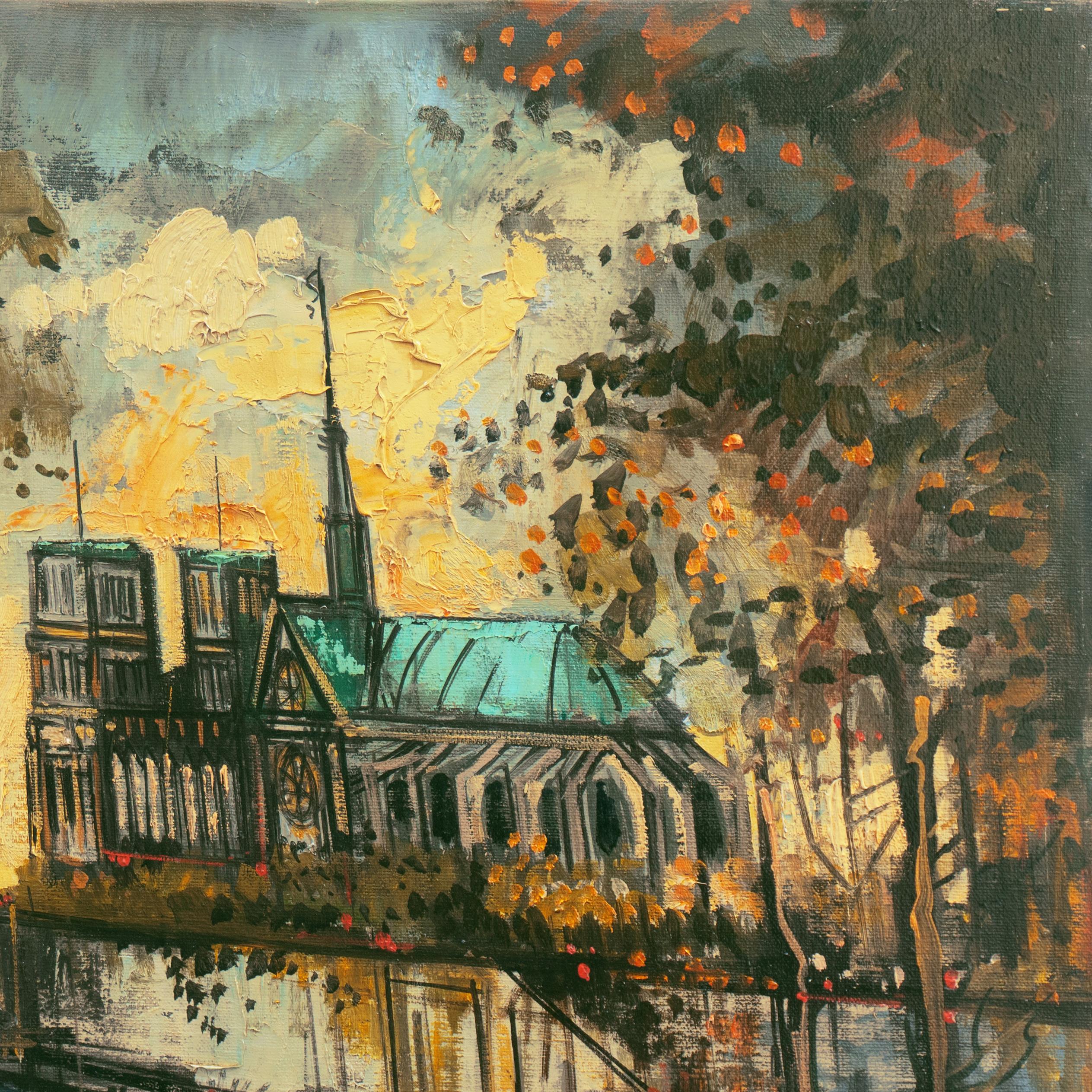 A bright mid-century, Post-Impressionist cityscape showing a view of the Île de la Cité from the left bank with a view of Notre Dame and the river lit by a golden sunset.
Signed lower left and lower right, 'Friedman' (20th century) and painted circa