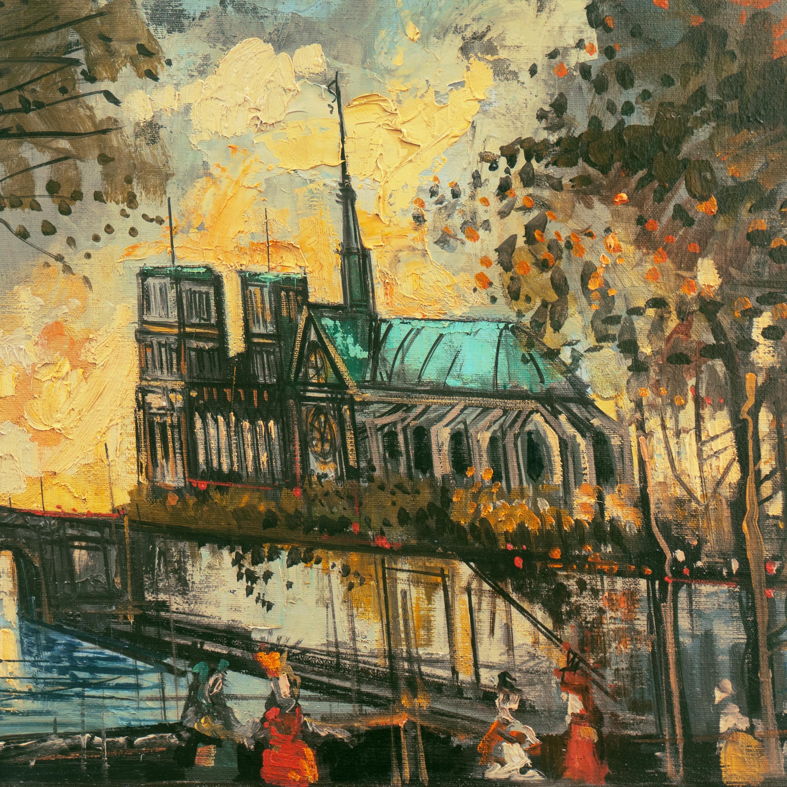'Sunset over Notre-Dame', French Post-Impressionist Oil, Île de la Cité, Paris 1