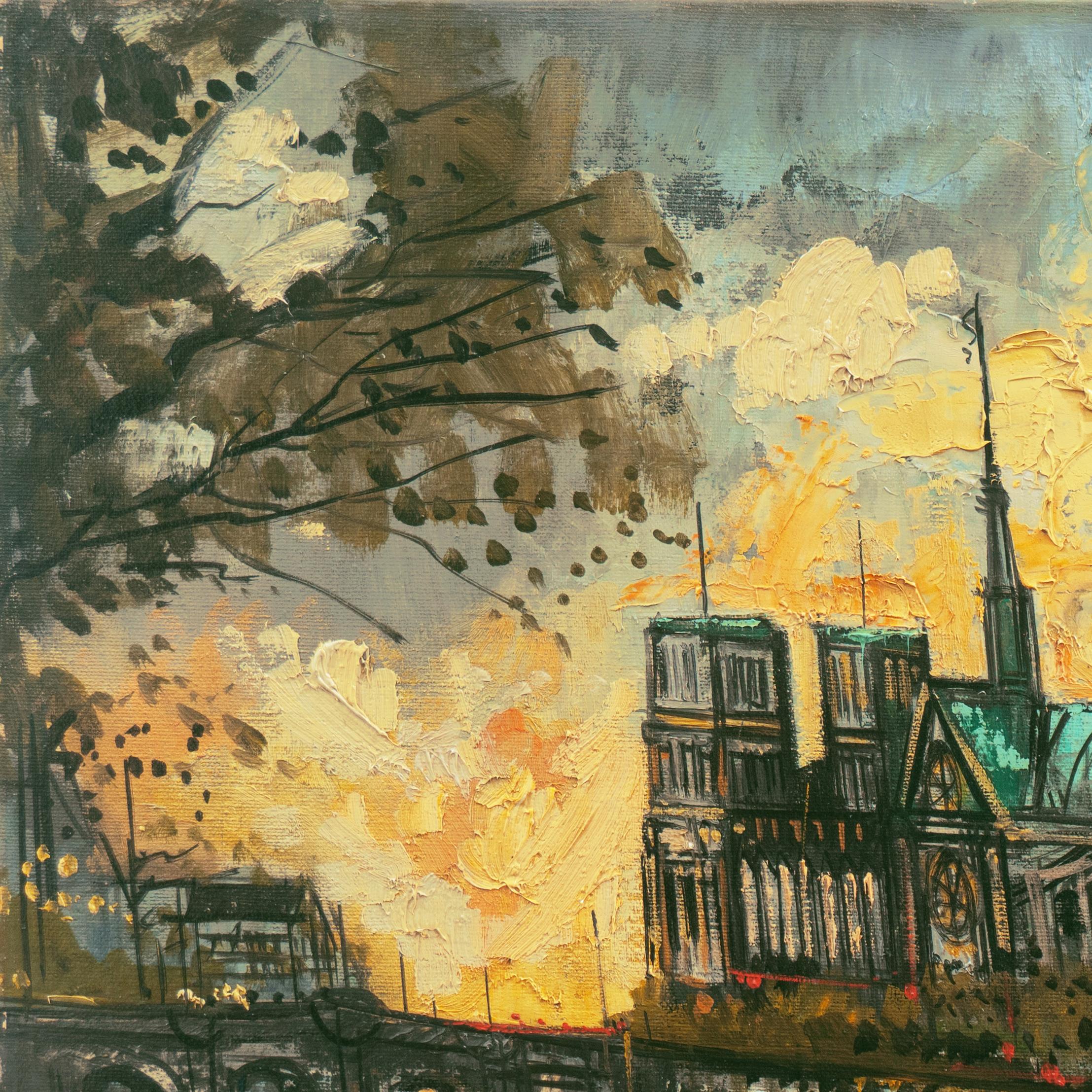 'Sunset over Notre-Dame', French Post-Impressionist Oil, Île de la Cité, Paris - Gray Landscape Painting by Friedman