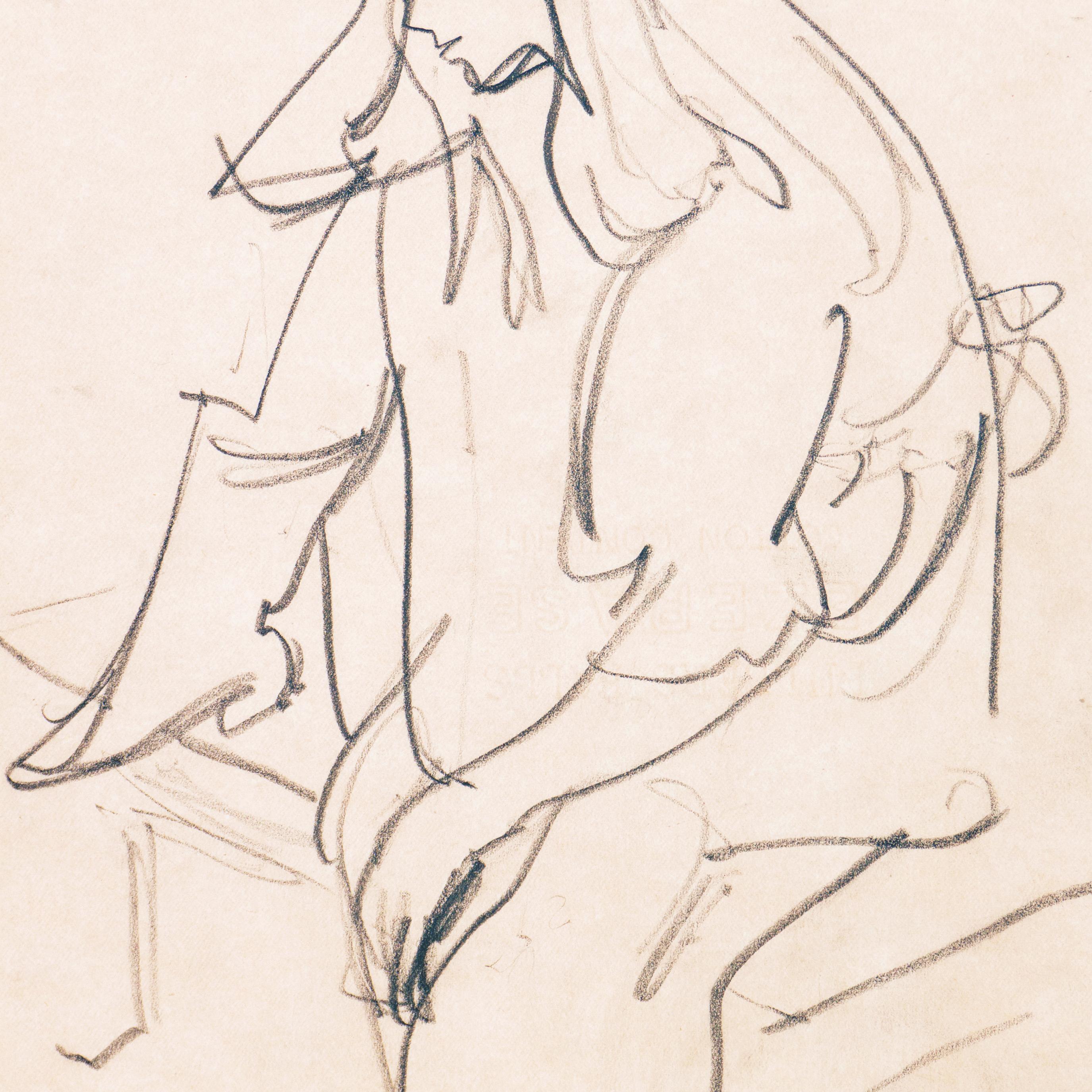 Created circa 1955 by Victor Di Gesu (American, 1914-1988) and stamped verso with certification of authenticity. 

An atmospheric and psychologically penetrating figural drawing, showing a pensive young woman wearing boots, seated on the edge of a