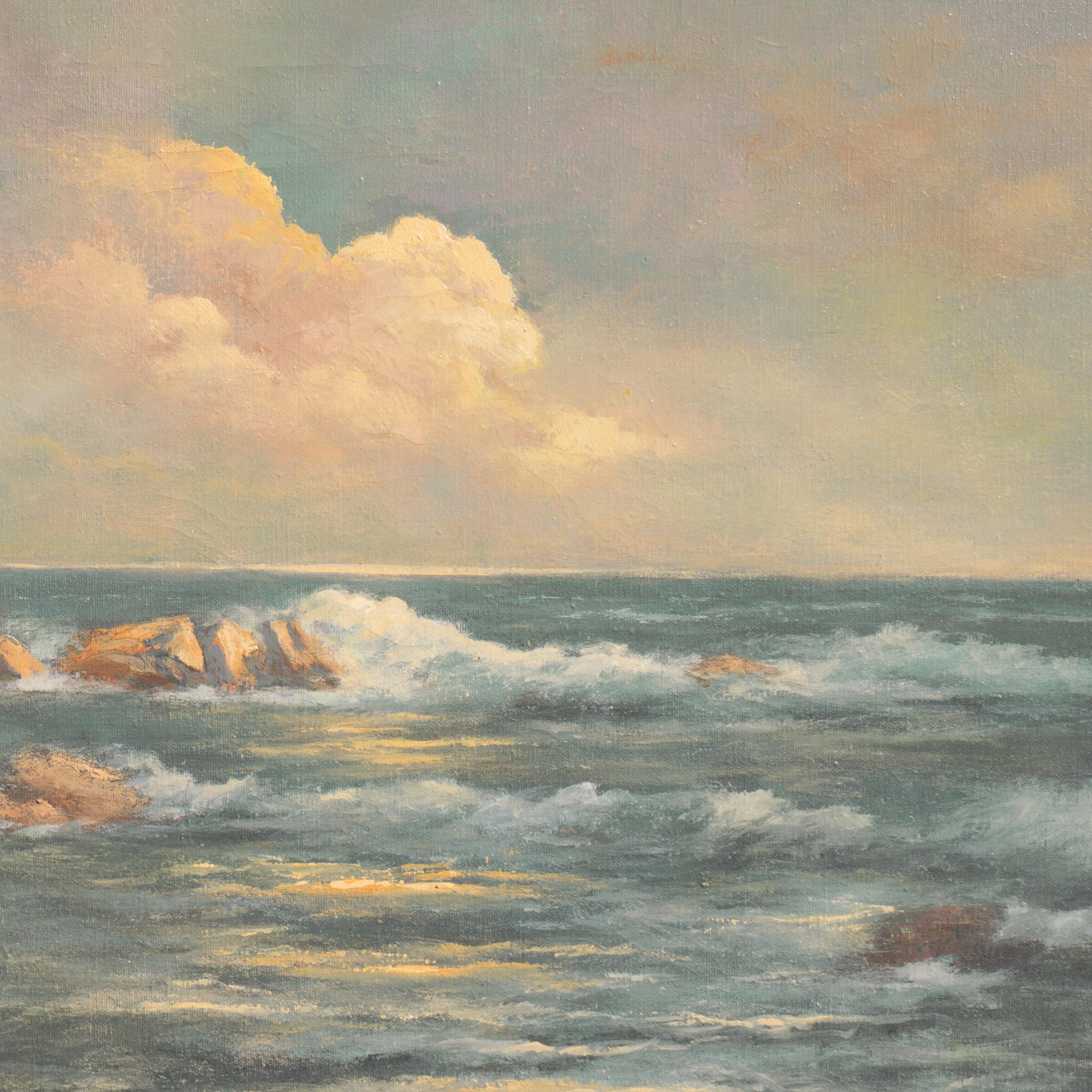 Signed lower left, 'P.H. Schmidt' for Peter Hermann Schmidt (German-American, 1886-1974) and painted circa 1965. 

A delicately painted study of light and water showing pacific breakers rolling in towards the rocky California coastline beneath