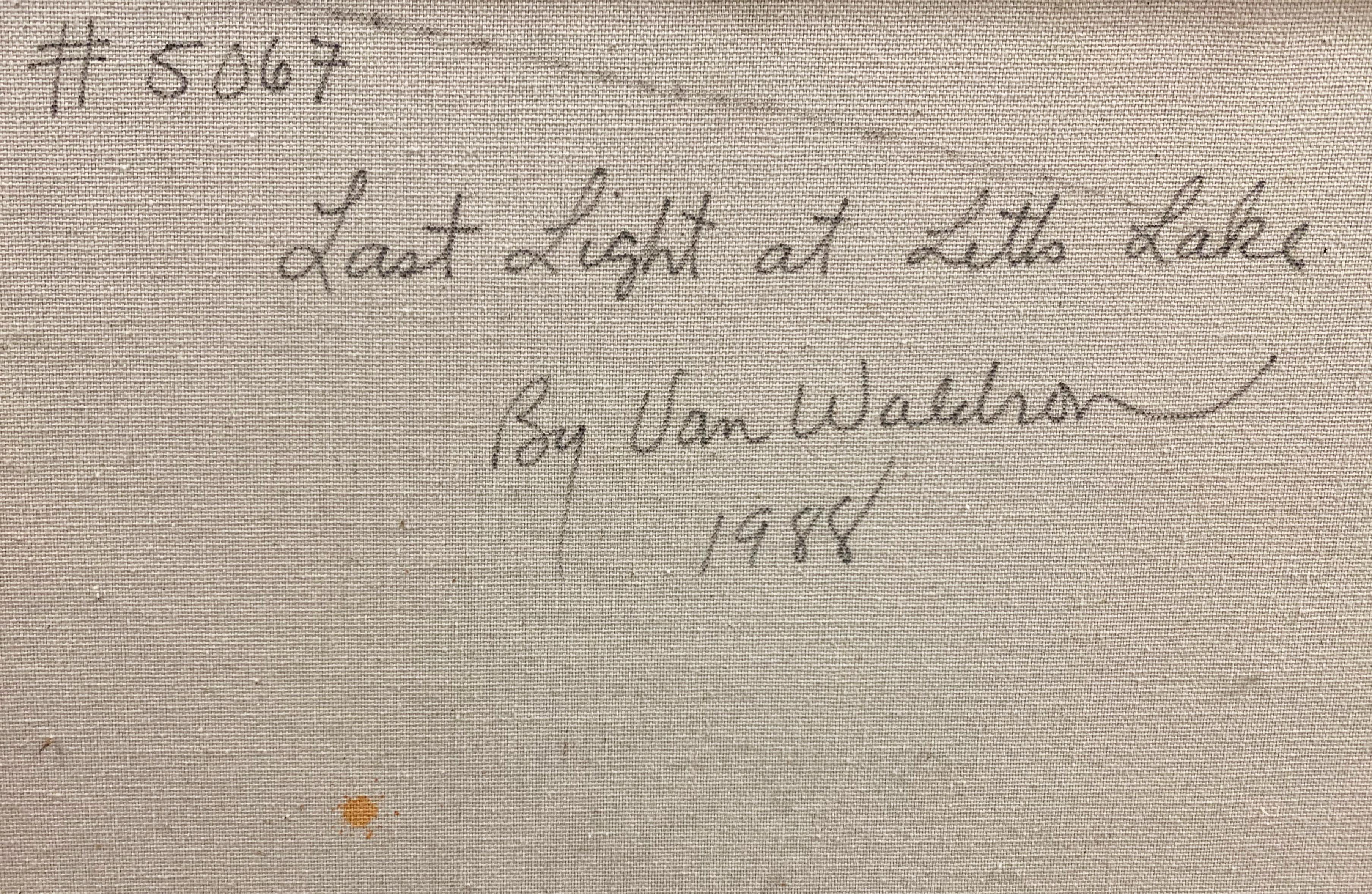 Signed lower left, 'Van Waldron' (American, 1936-2012) and dated 1988; additionally signed and dated, verso, and titled 'Last Light at Letts Lake'.

A moody and atmospheric oil landscape showing soft evening light illuminating reflections on the