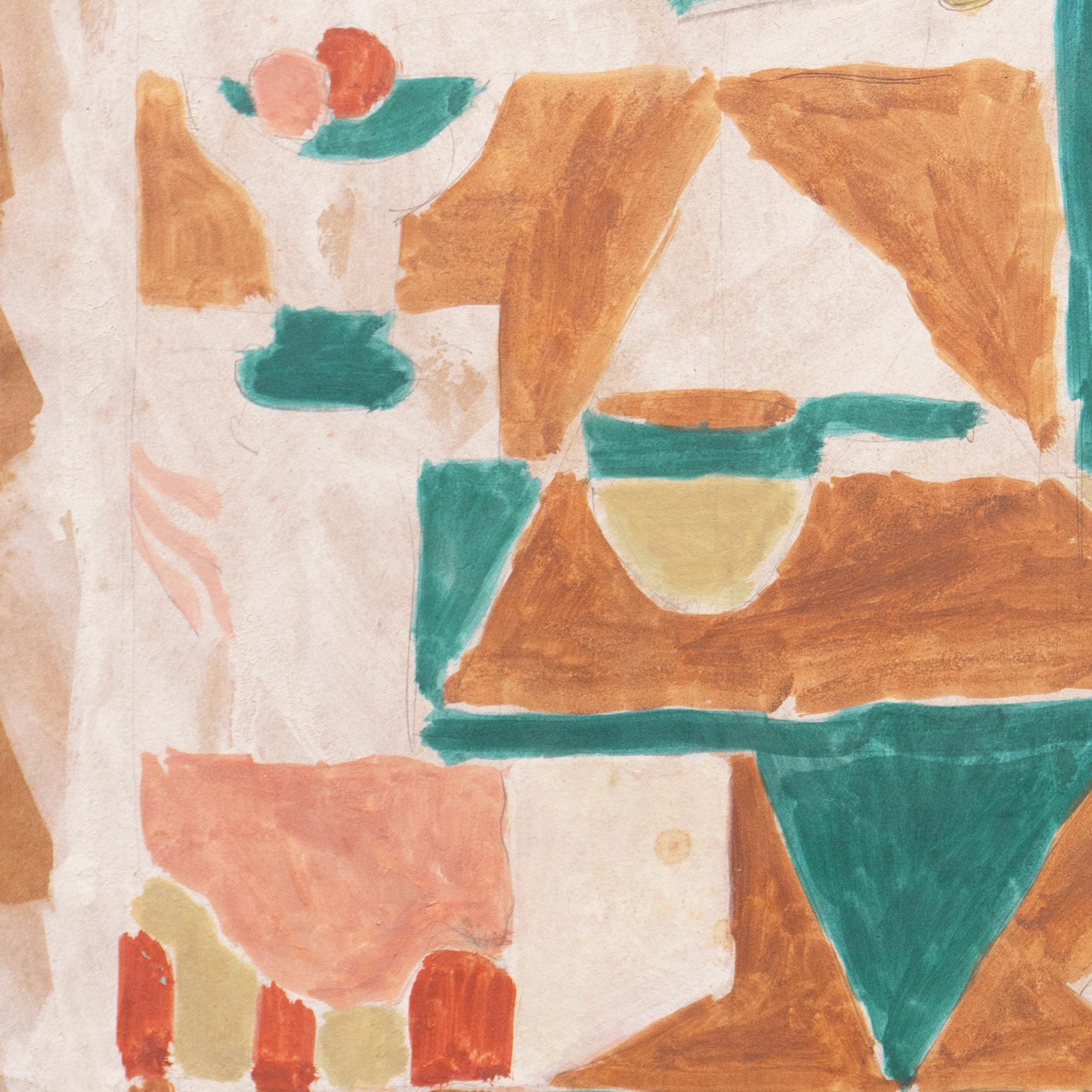 Um 1955 von Victor Di Gesu (Amerikaner, 1914-1988) geschaffen und verso mit einem Echtheitszertifikat versehen. 

Ein kubistisch abgeleitetes Stillleben in einem Interieur, das Obst in einer Schale auf einem Tisch mit verschiedenen
