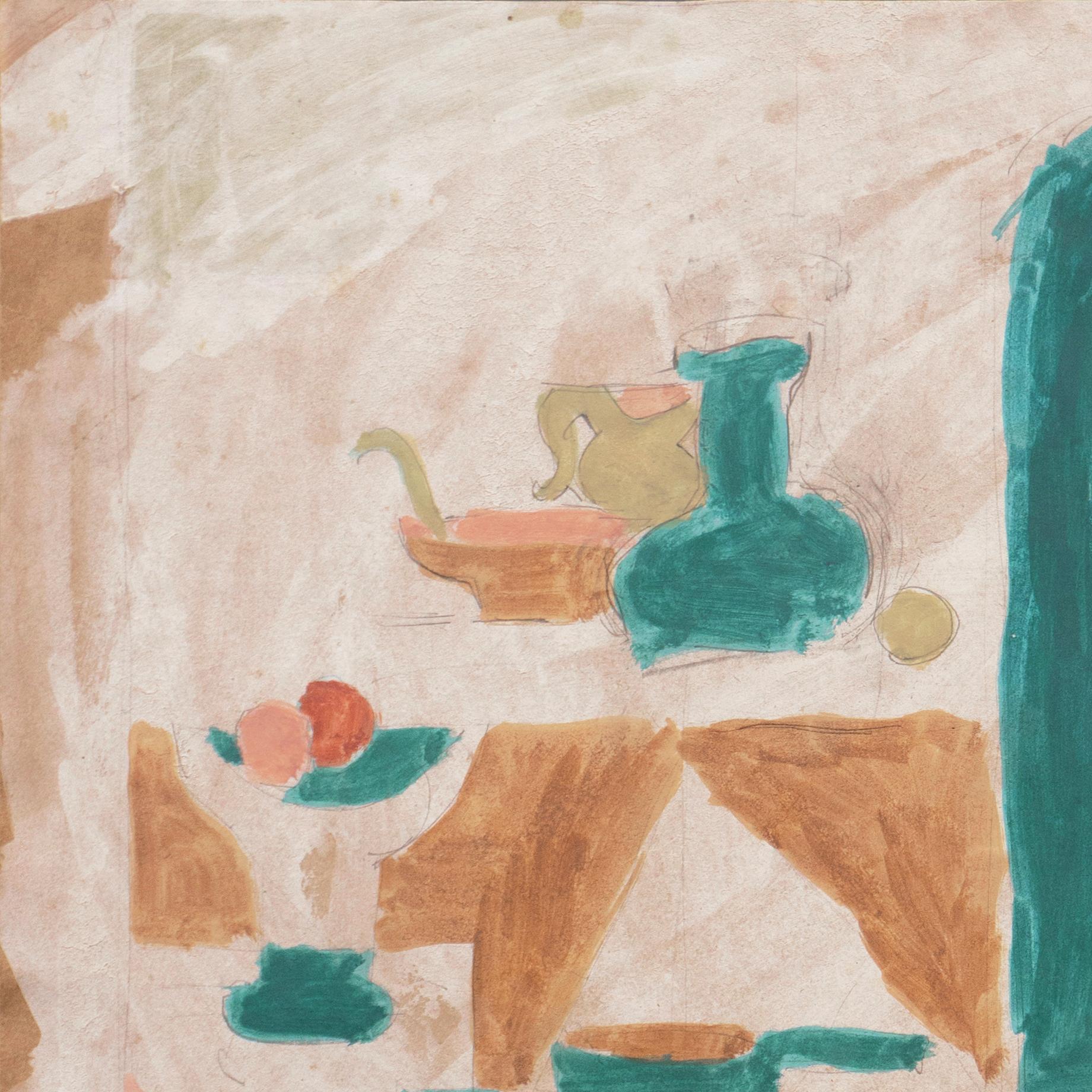 Créée vers 1955 par Victor Di Gesu (américain, 1914-1988) et portant au verso un certificat d'authenticité. 

Nature morte d'intérieur d'inspiration cubiste montrant des fruits dans une coupe posée sur une table et divers objets domestiques