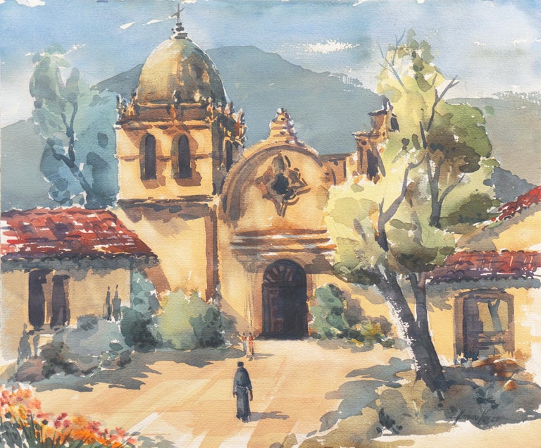 Signed lower right, 'Henry Volle' (American, 20th century) and painted circa 1975. 

A substantial  and lyrically painted watercolor view of the original Spanish colonial church and mission buildings at Carmel on the coast of California with a view