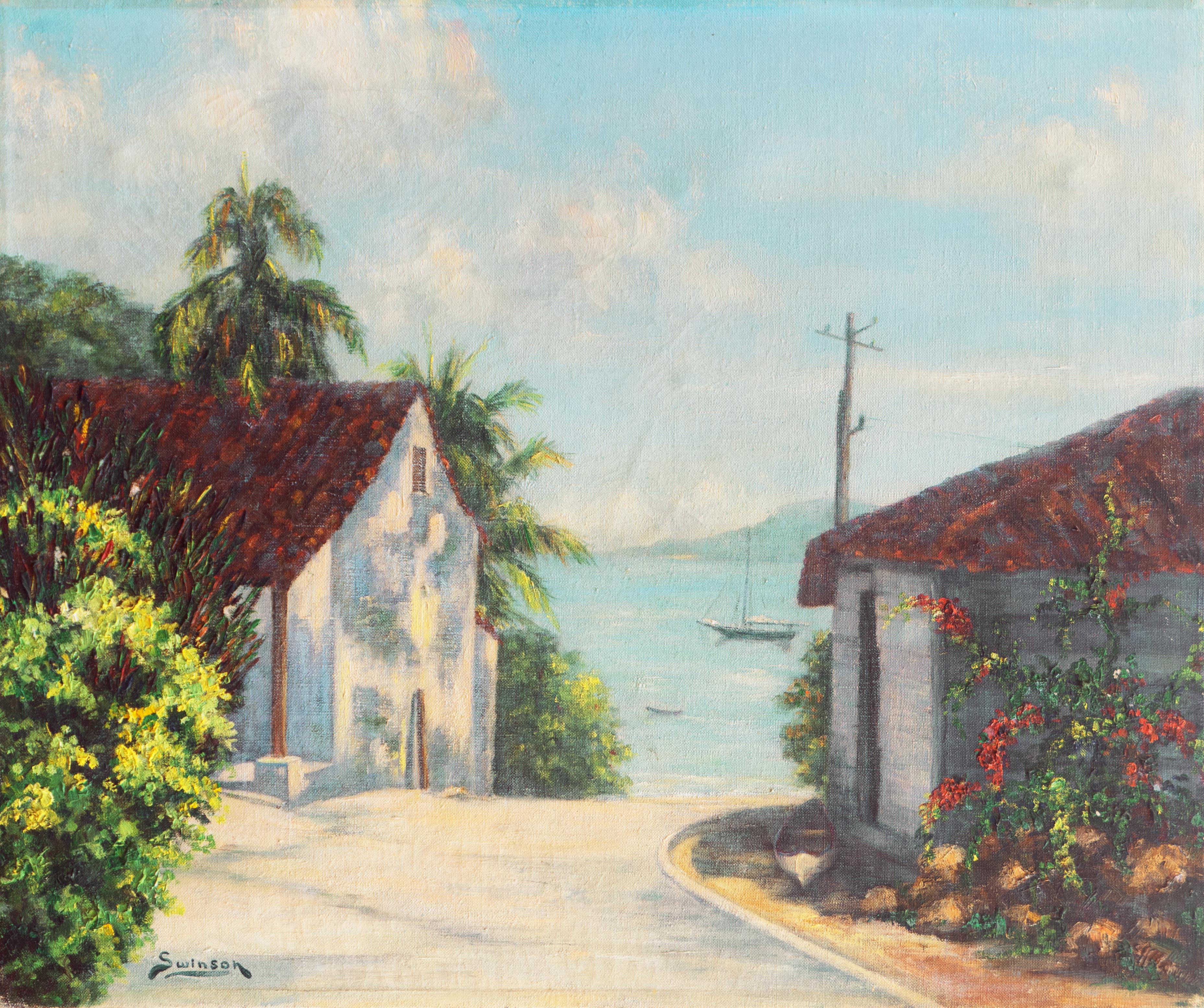 Landscape Painting di Marjorie Swinson - 'Cottage costieri', Artista donna del Massachusetts di metà secolo, California
