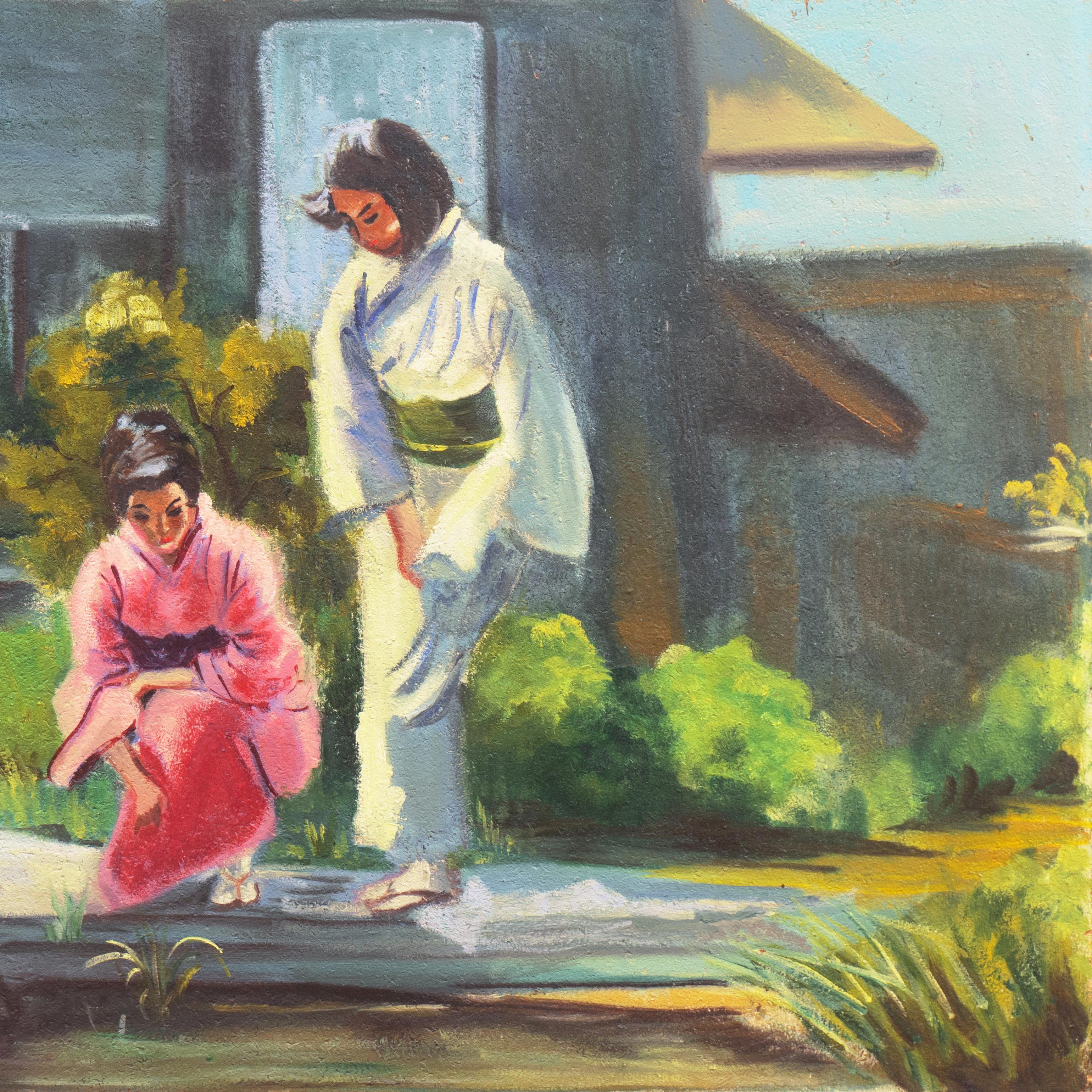 'Ladies in a Japanese Garden', Alameda Art Association, California  - Modern Painting by Freda Hansen