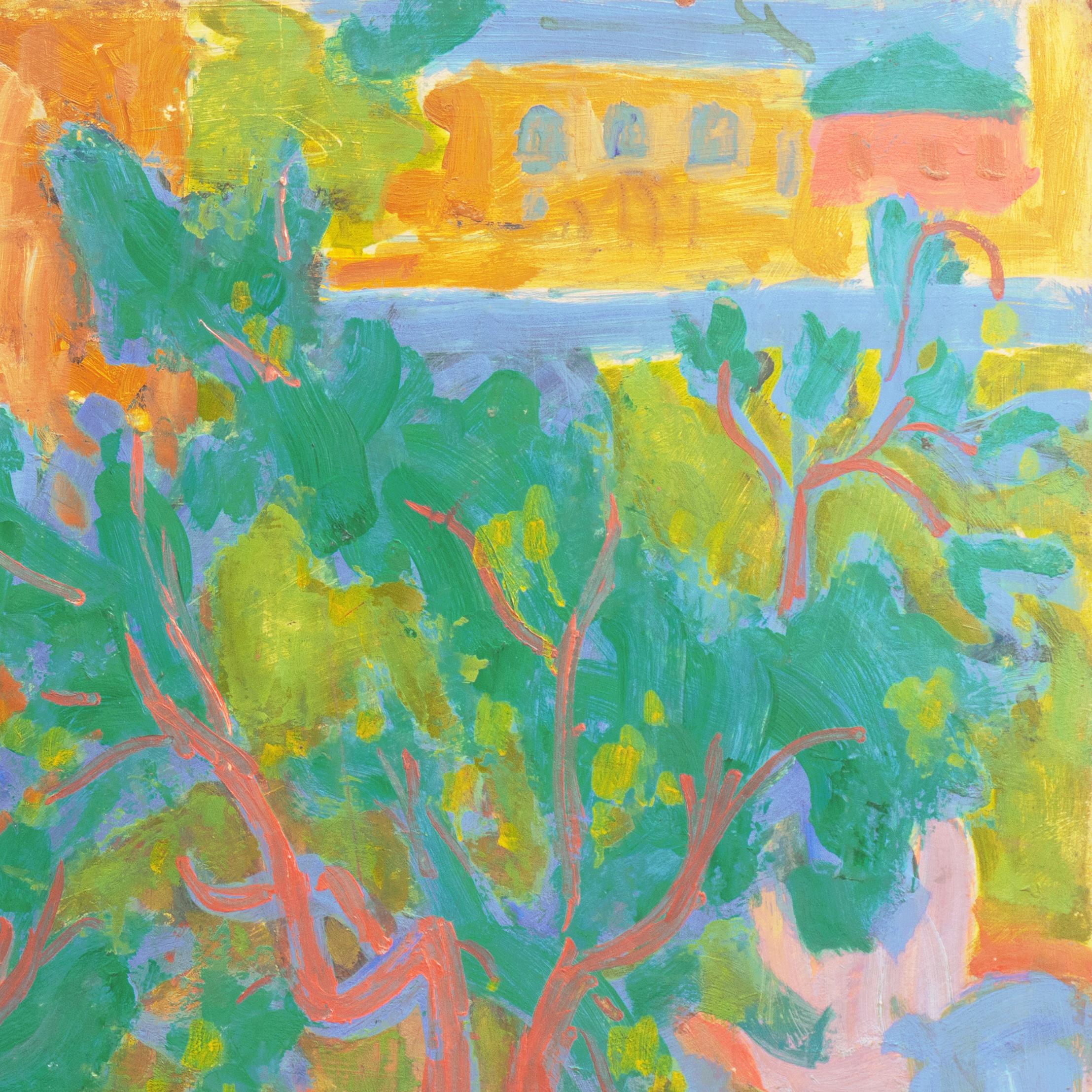 Signed lower right, 'Di Gesu' for Victor Di Gesu (American, 1914-1988) and dated 1964.

A large, mid-century oil townscape showing a view of the old town of Carmel, California, with a grove of lemon trees in the foreground framed by picturesque