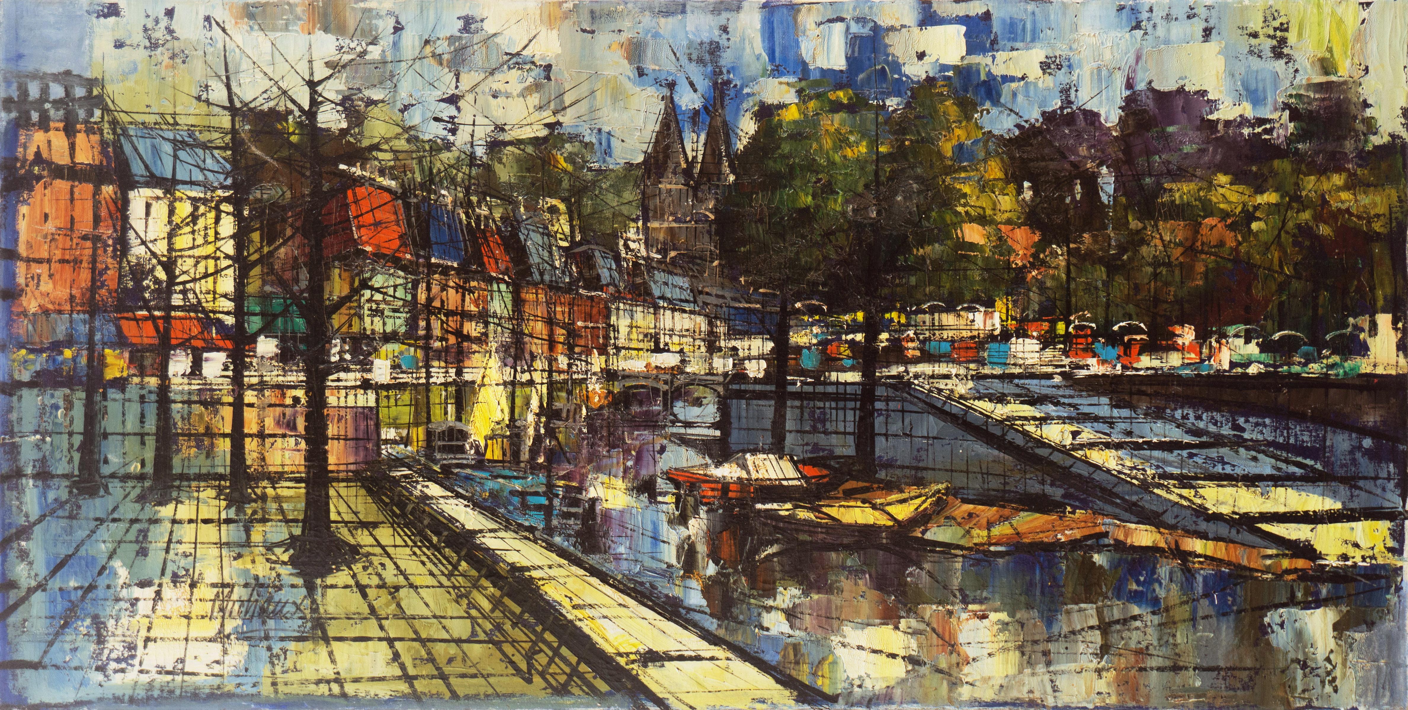 Michaux Landscape Painting - 'Cityscape with Canals', Large Expressionist Oil, Style of Bernard Buffet, Urban