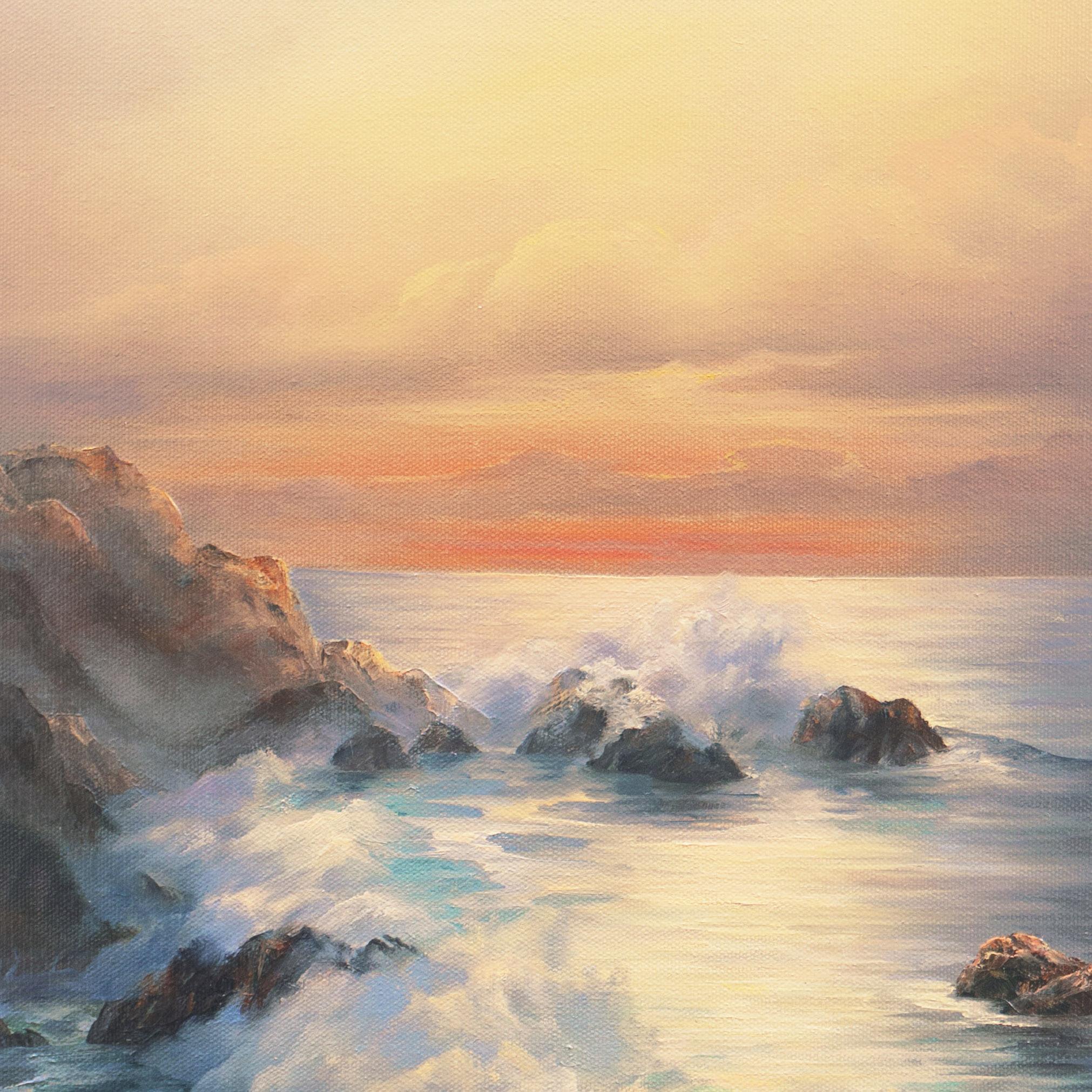 'California Evening, Golden Shore', Carmel, Long Beach, UCLA, Gallery Americana - Beige Landscape Painting by Rosemary Miner