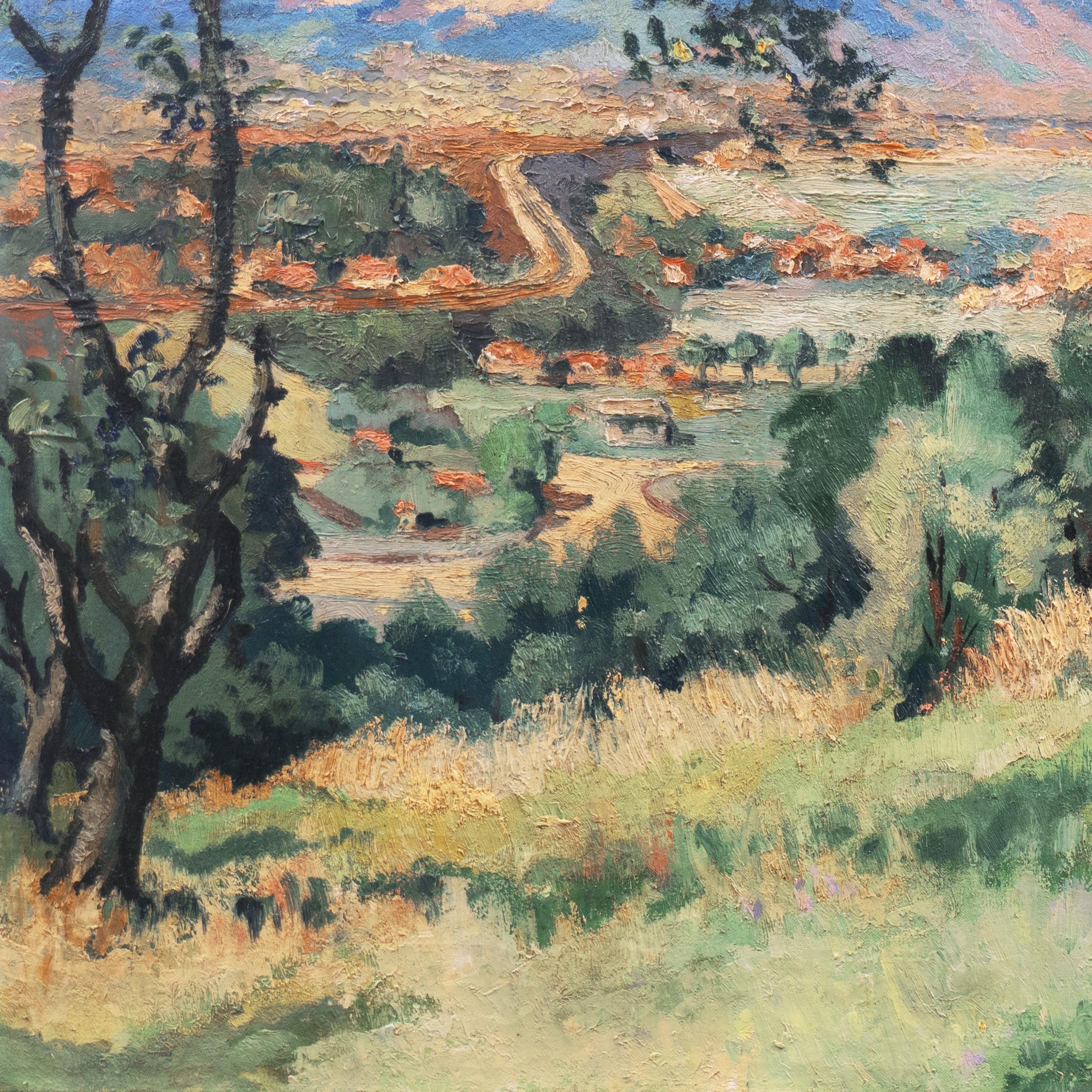 Signed lower right, 'A. Delauzieres' for André Delauzieres (French, 1904-1941), dated 1936 and titled 'Bry-Sur-Marne'.  Provenance: Collection of Ole Wulff, Denmark. 

A substantial, Impressionist-style oil landscape showing a panoramic view of the