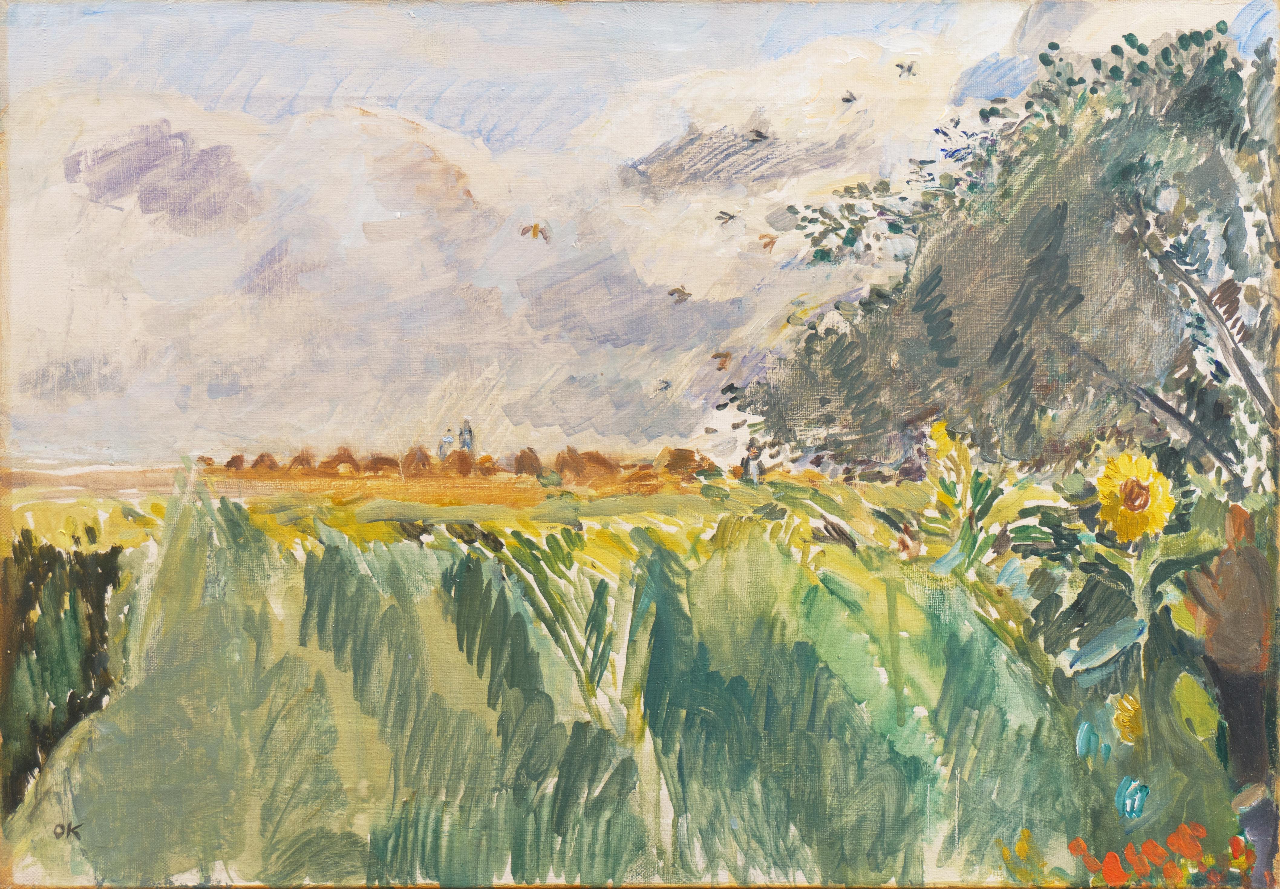 Ole Kielberg Landscape Painting - 'Sunflower Field in Summer', Danish Impressionist oil Landscape, Paris, Benezit