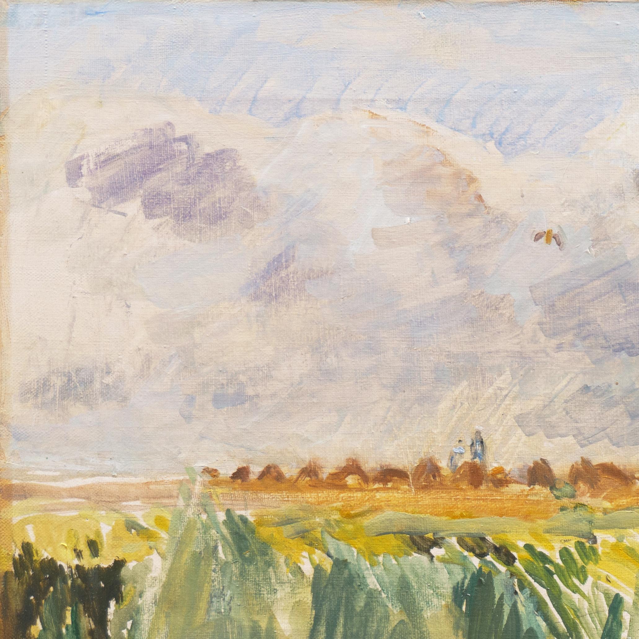 Initialed lower left, 'OK' for Ole Kielberg (Danish, 1911-1985); additionally signed, verso, 'Ole Kielberg', titled and dated 1956.

A painterly, Post-Impressionist oil landscape showing a lyrical view of a sunflower field with haystacks beyond, all