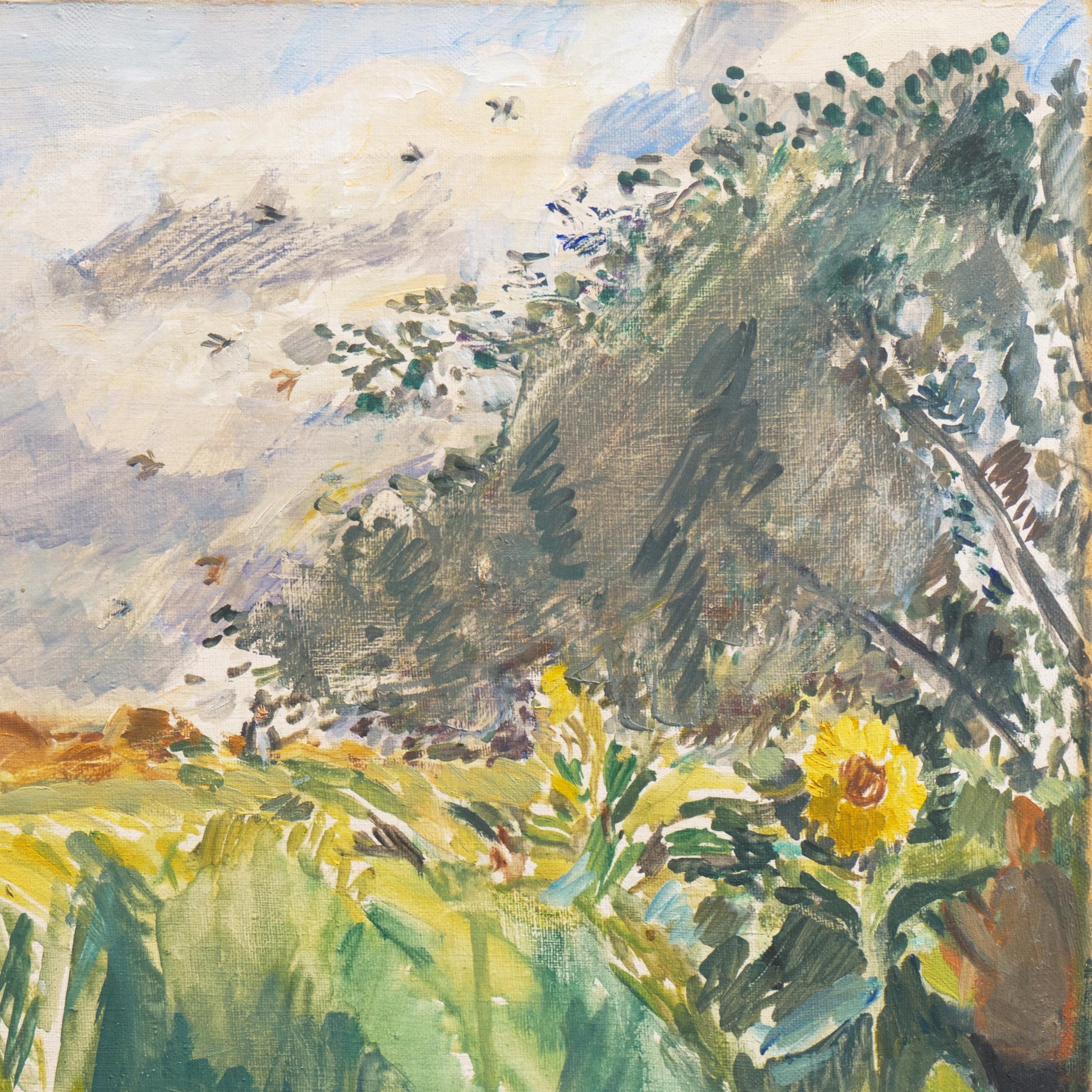 'Sunflower Field in Summer', Danish Impressionist oil Landscape, Paris, Benezit - Beige Landscape Painting by Ole Kielberg
