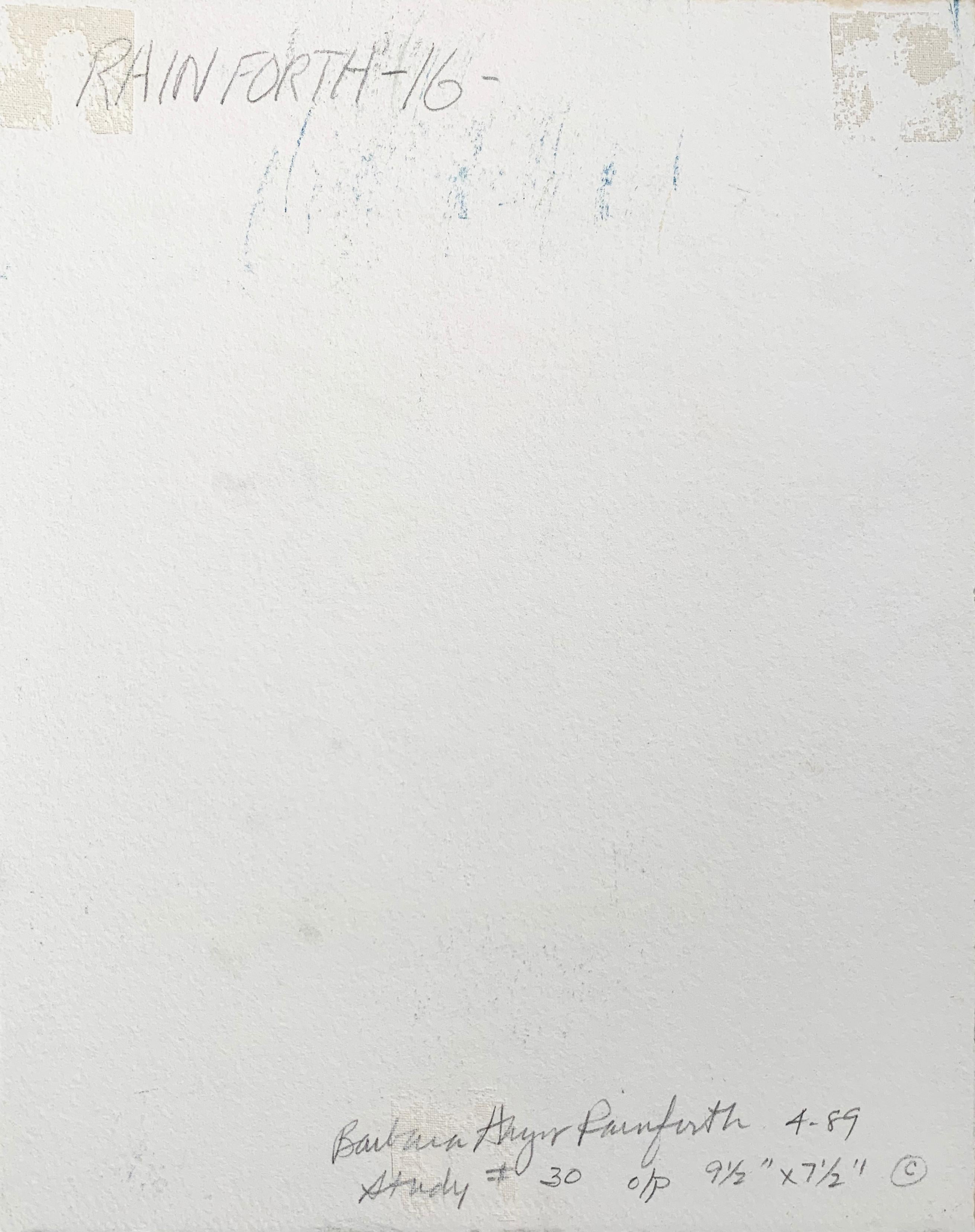 Initialed lower right in pencil, 'B.R.' for Barbara Rainforth (American, 20th century) and dated 1989. Additionally signed in pencil, verso, 'Barbara Hayer Rainforth', dated '4/89' and titled, 'Study #30'. 

Barbara Rainforth received her BA from
