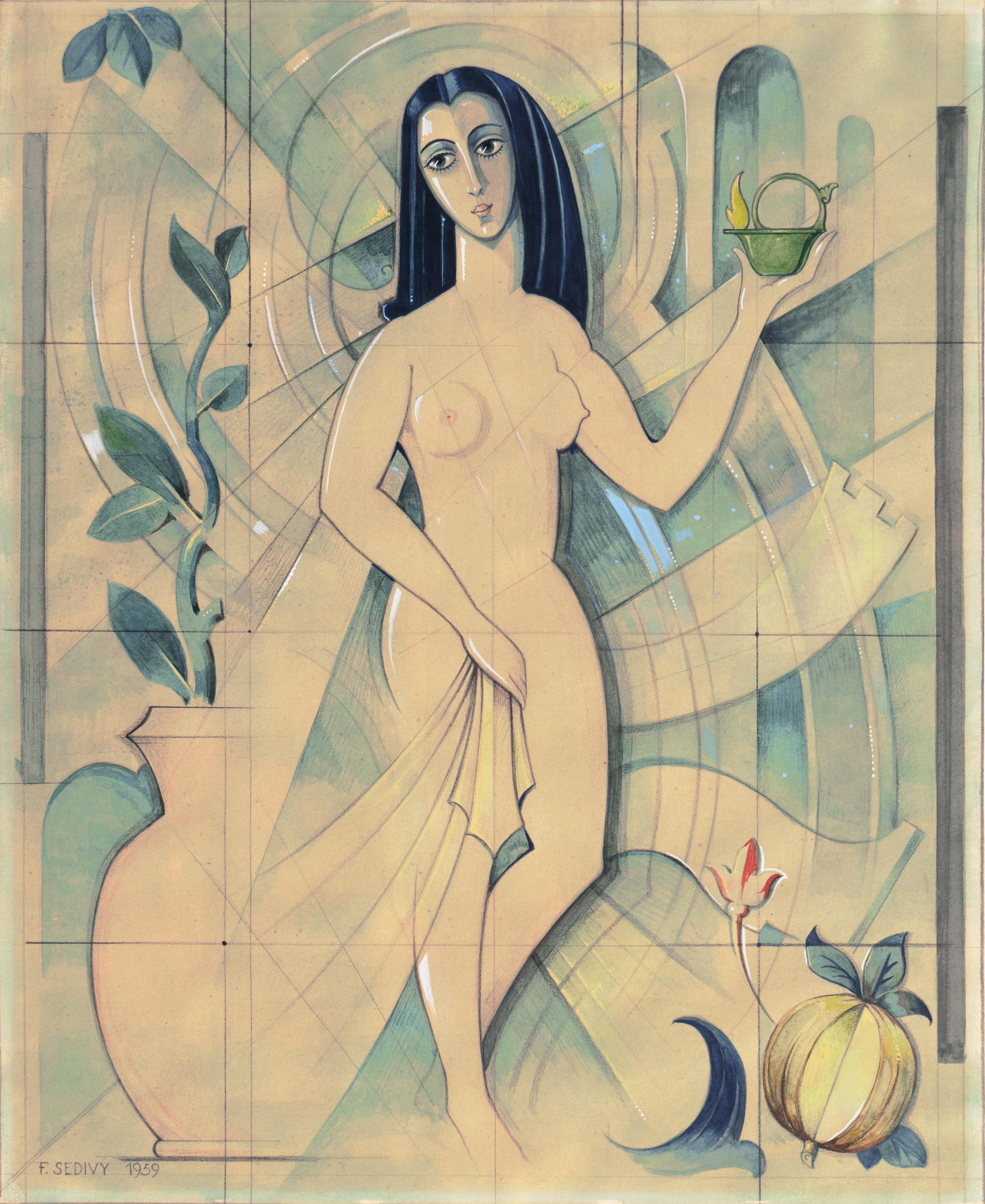 Nude Franz Sedivy II - « Vierge céleste », modernisme danois, figuratif Art déco, mythologique, néoclassique