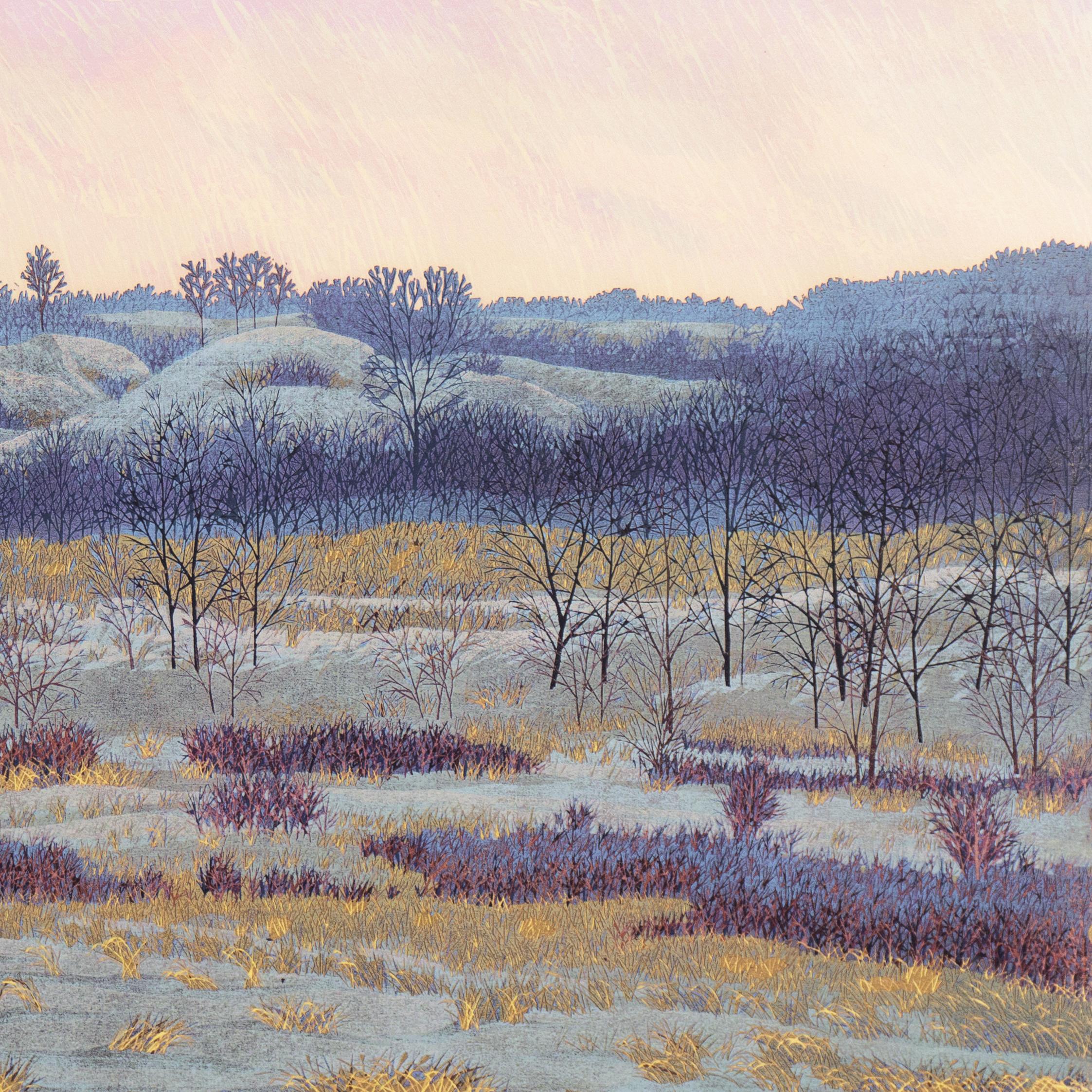 Signed lower right, 'G. Mortensen' for Gordon Mortensen (American, born 1938) and dated 1979. Titled lower left, 'A Winter Afternoon' with number and limitation, lower center, '255/300'. 
Paper dimensions: 15 x 22 inches. 

Gordon Mortensen received