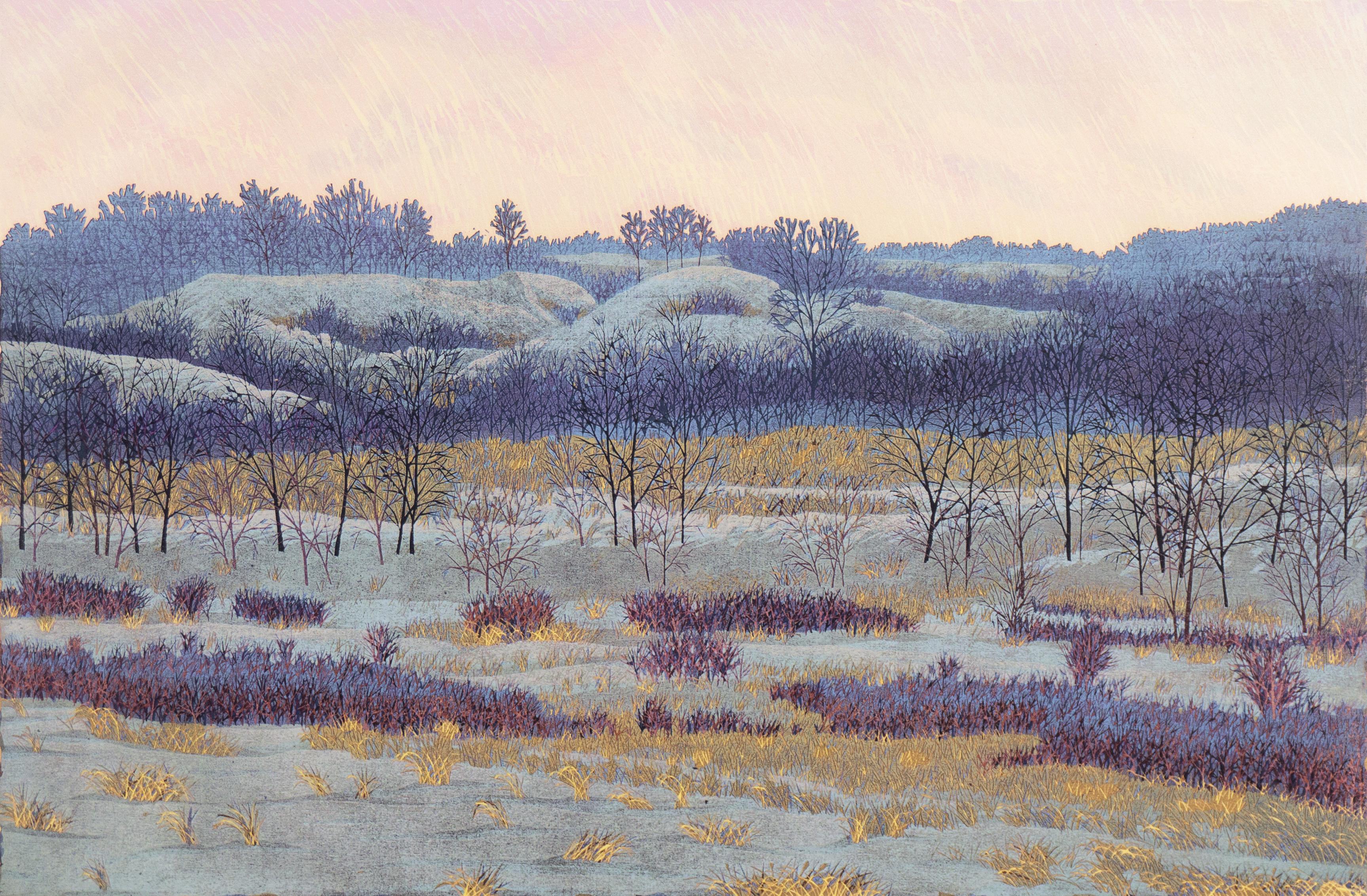 Gordon Mortensen Landscape Print - 'A Winter's Evening' Wood Engraving, Smithsonian, Carnegie, Brooklyn Museum, AIC