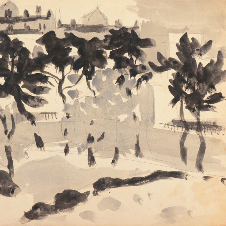 Painted by Victor Di Gesu (American, 1914-1988) circa 1955 and stamped, verso, with estate stamp and certification of authenticity.

A delicate, grisaille watercolor view of a park and buildings in Carmel, California painted circa 1955 by this