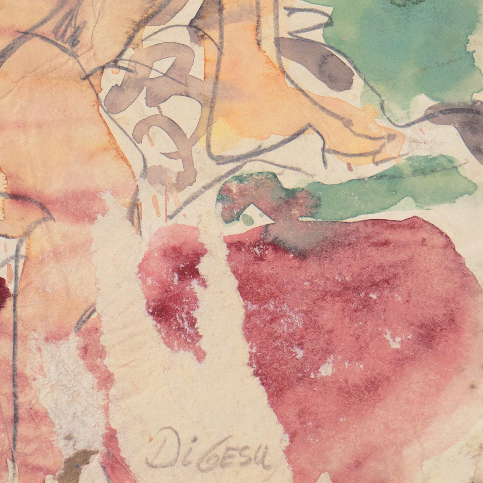 Gemalt von Victor Di Gesu (Amerikaner, 1914-1988) um 1955 und verso mit dem Nachlassstempel von Victor di Gesu versehen.

Ein eindringliches und stimmungsvolles figürliches Aquarell, das eine junge Frau zeigt, die sitzend direkt auf den Betrachter