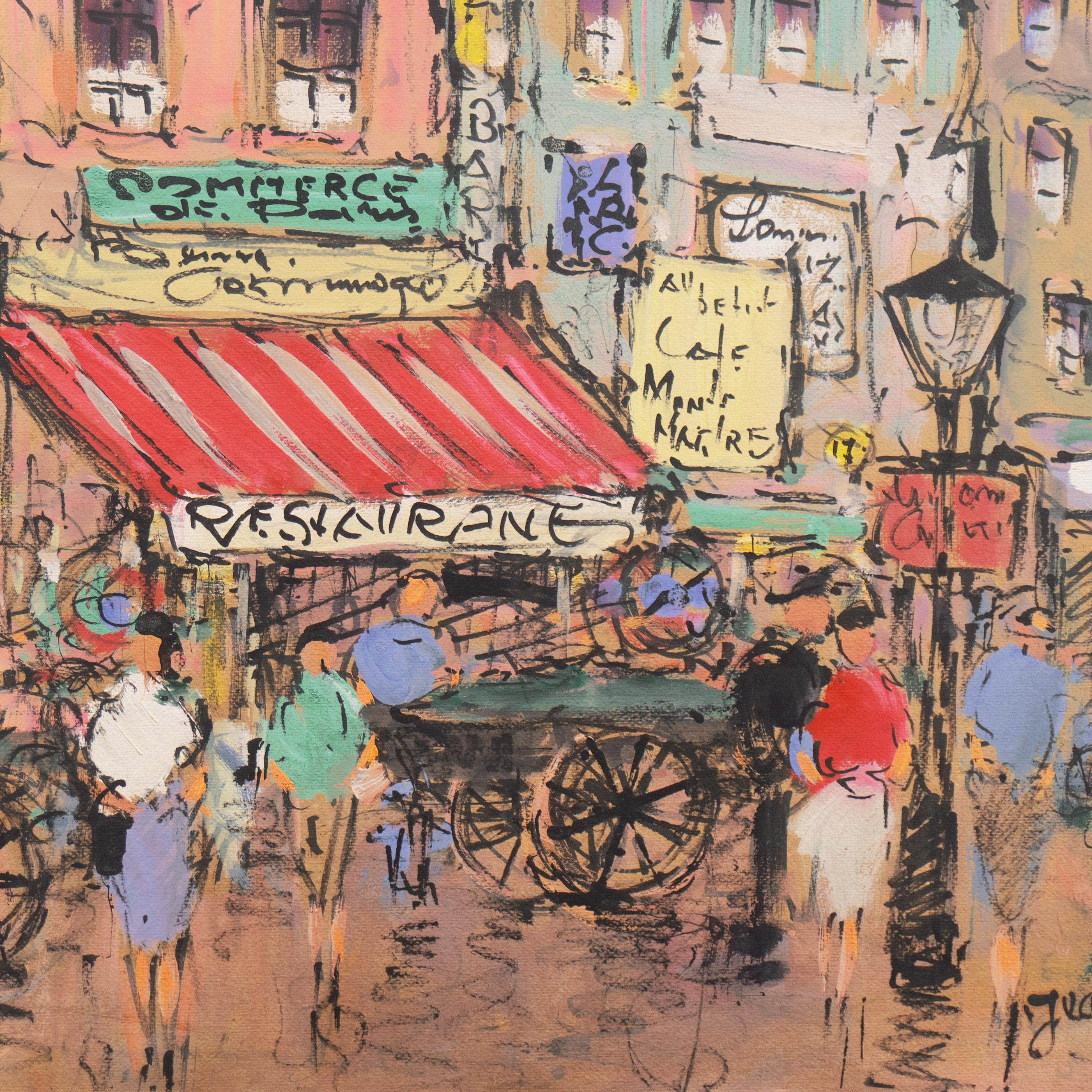 A large and dynamic, mid-century cityscape showing a view of a Parisian street with market carts and colorfully dressed shoppers mingling before a gaily-striped restaurant awning. Signed lower right, 'Jean Remy' (French, born 1893), titled, 'Paris'
