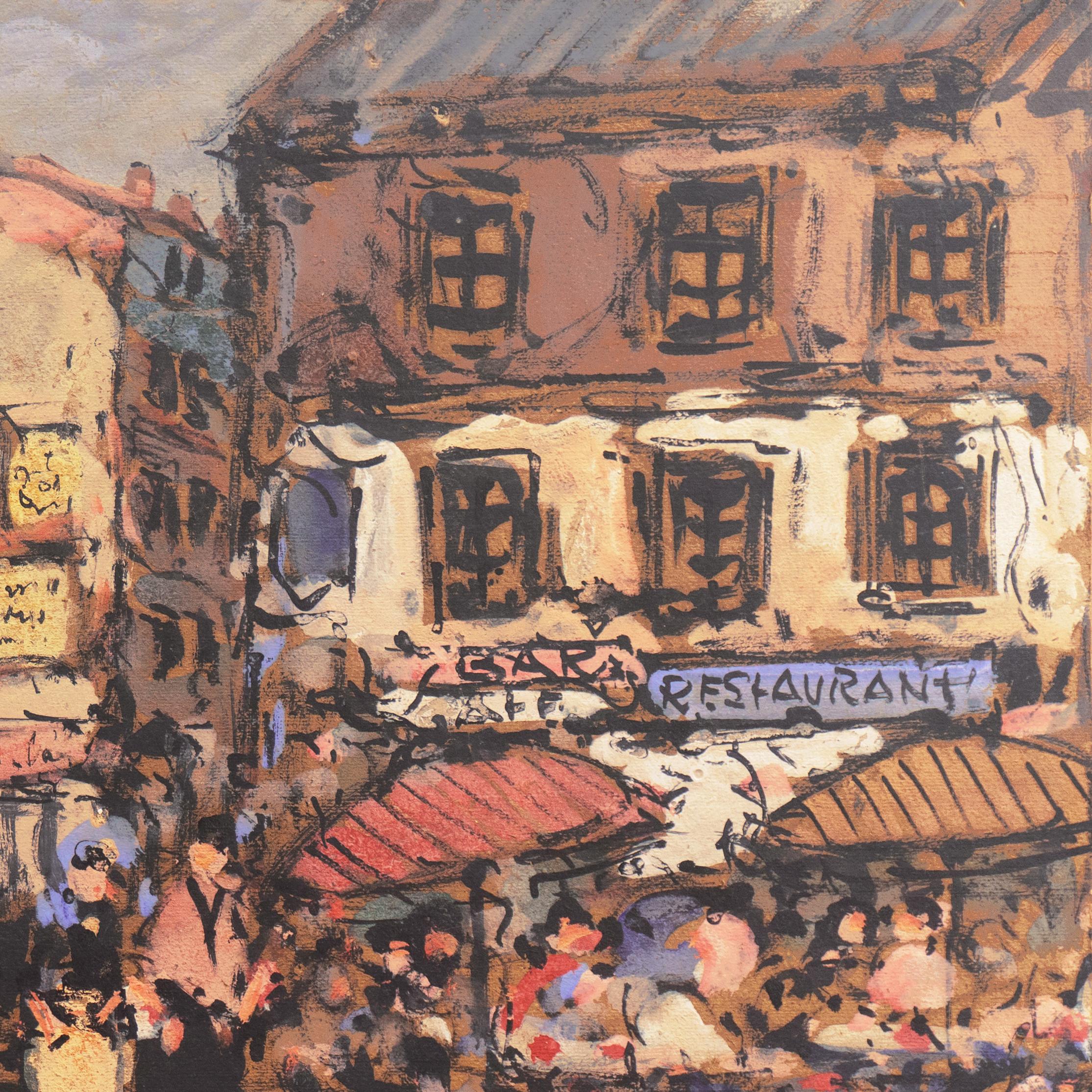'Parisian Cafe and Flower Market', French School, Post Impressionist - Brown Landscape Painting by Jean Remy