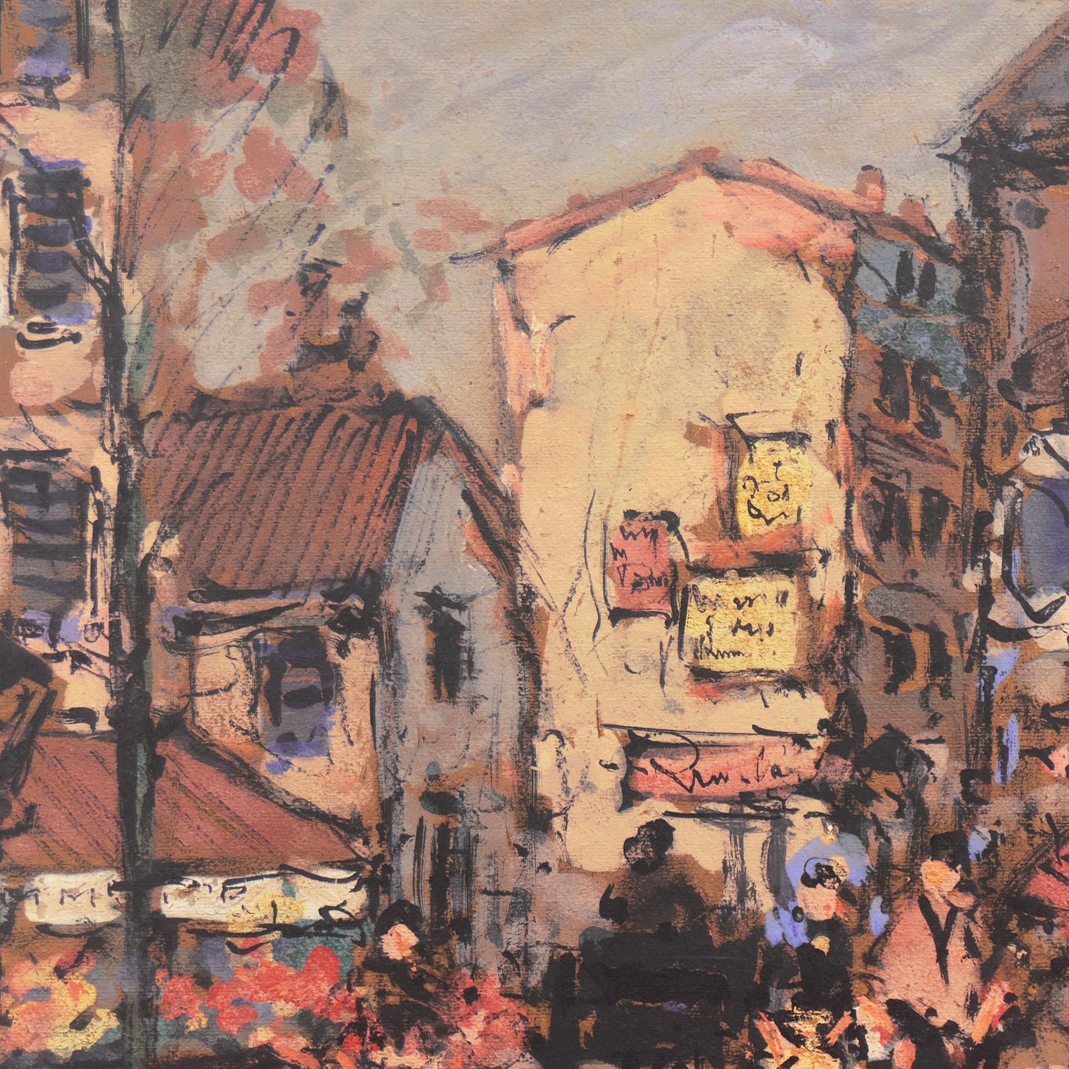 A large and dynamic, Post-Impressionist cityscape showing a view of a picturesque Parisian street. In the foreground,  a flower seller offers bouquets to fashionably-dressed pedestrians walking by a busy cafe where patrons are seated beneath striped
