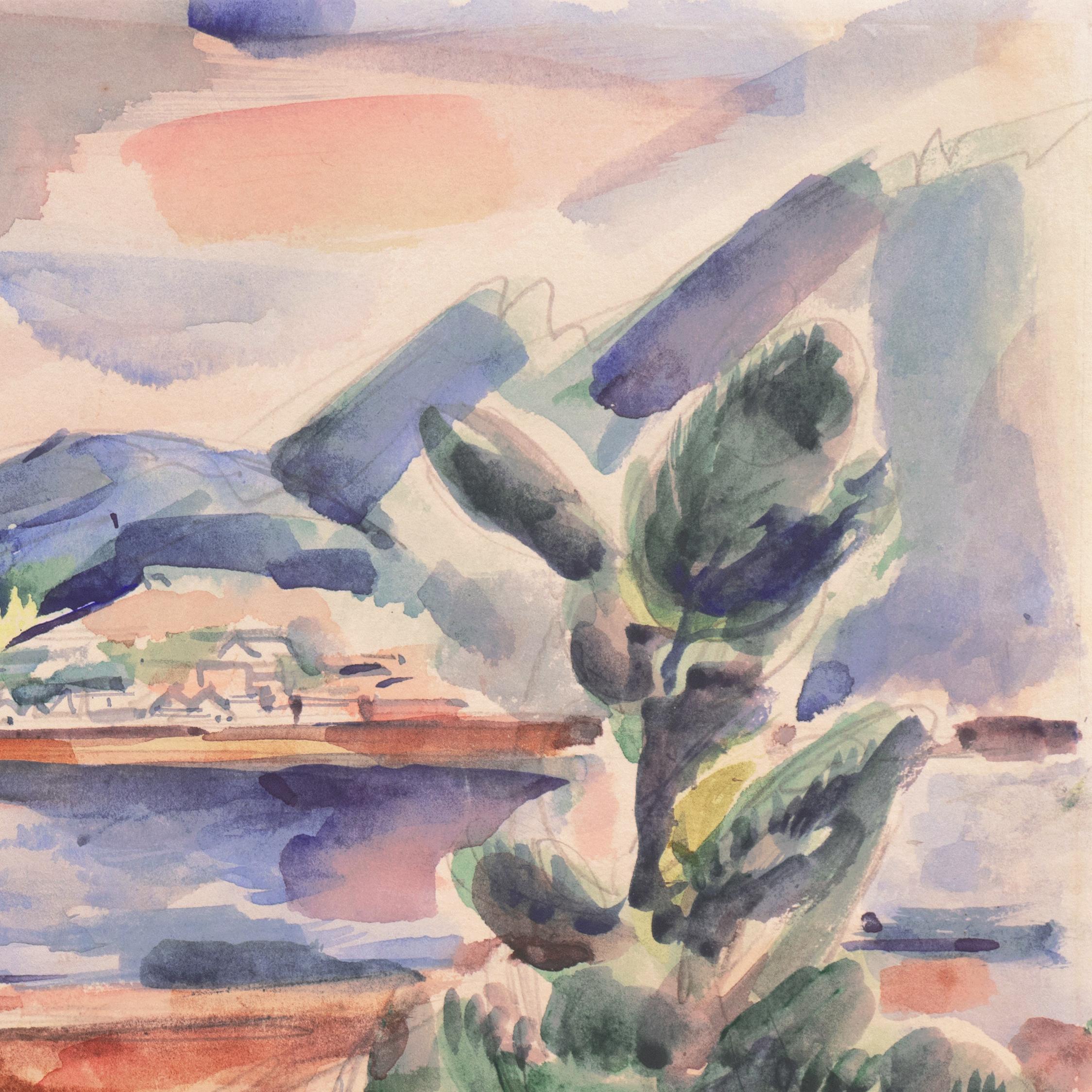 Signed lower left, 'A. Vincent' for Andrew McDuffie Vincent (American, 1898-1993); inscribed verso with title, 'Oregon Coast' and dated 1945.

A vibrant watercolor landscape by this American Modernist who first studied at the Art Institute of