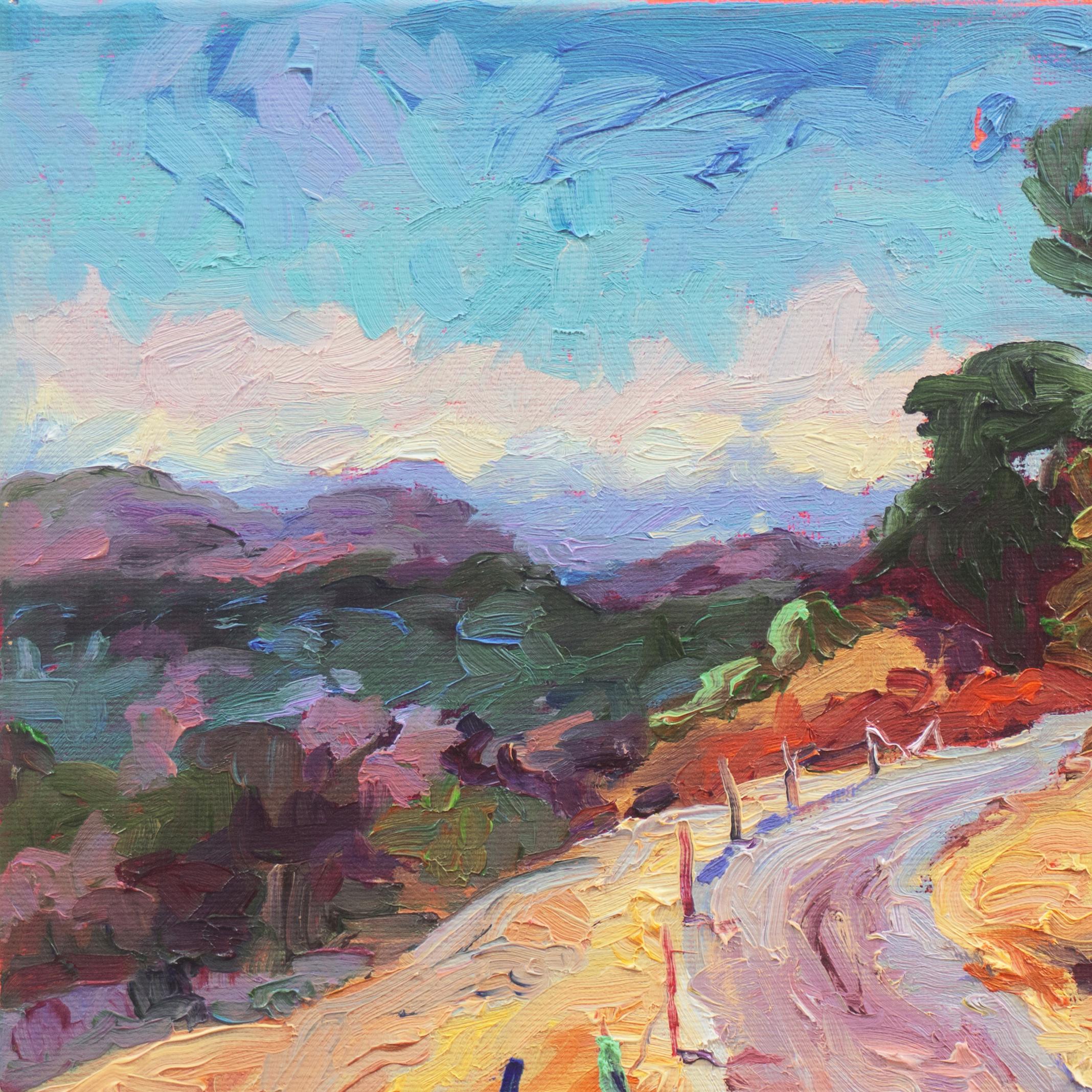 'Deer Hill Road, Lafayette, Californie', paysage à l'huile de la région de la baie, Femme artiste - Marron Landscape Painting par Maria SantoStefano