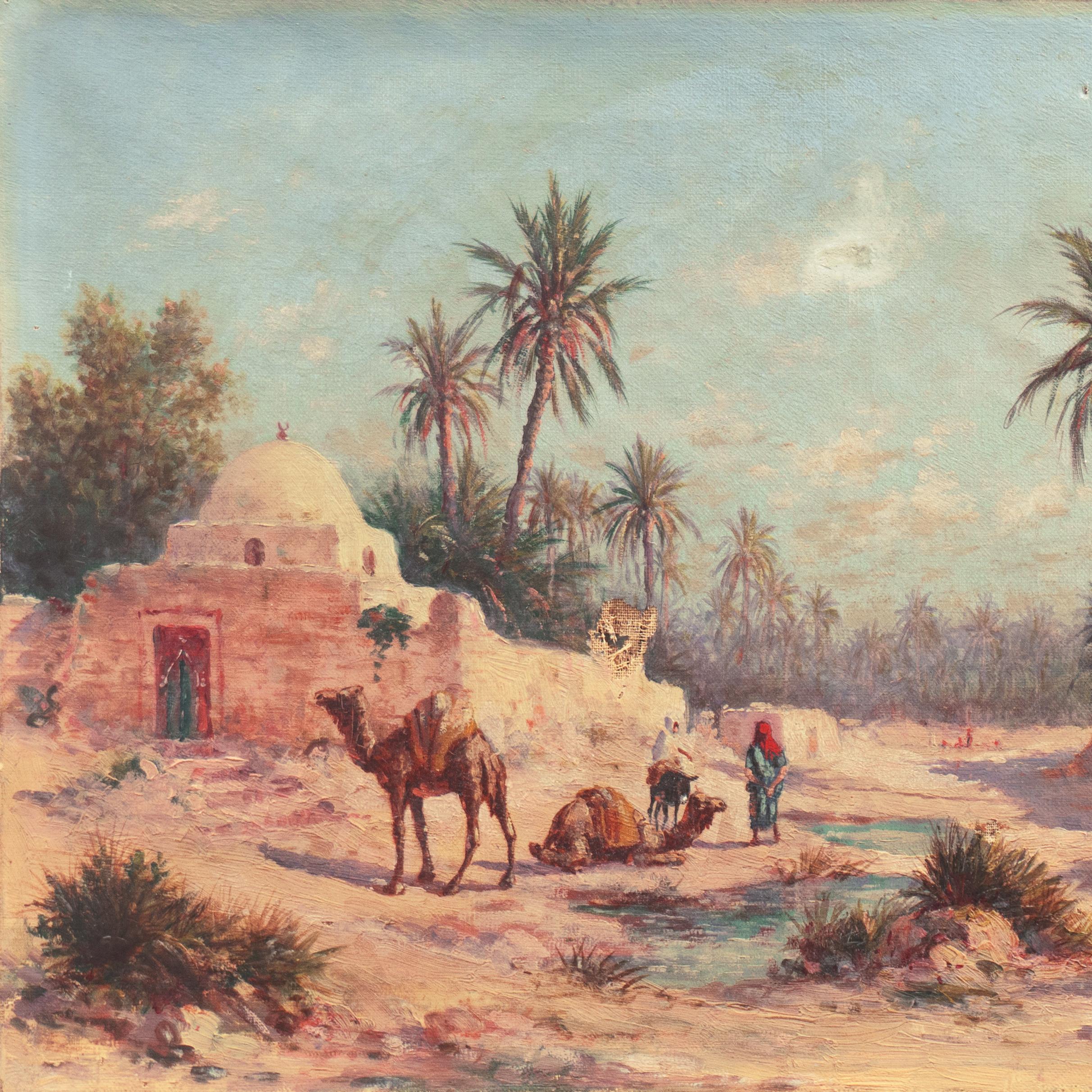 'Camels at a Tunisian Oasis', French School Orientalism, North African, Romantic - Painting by Unknown