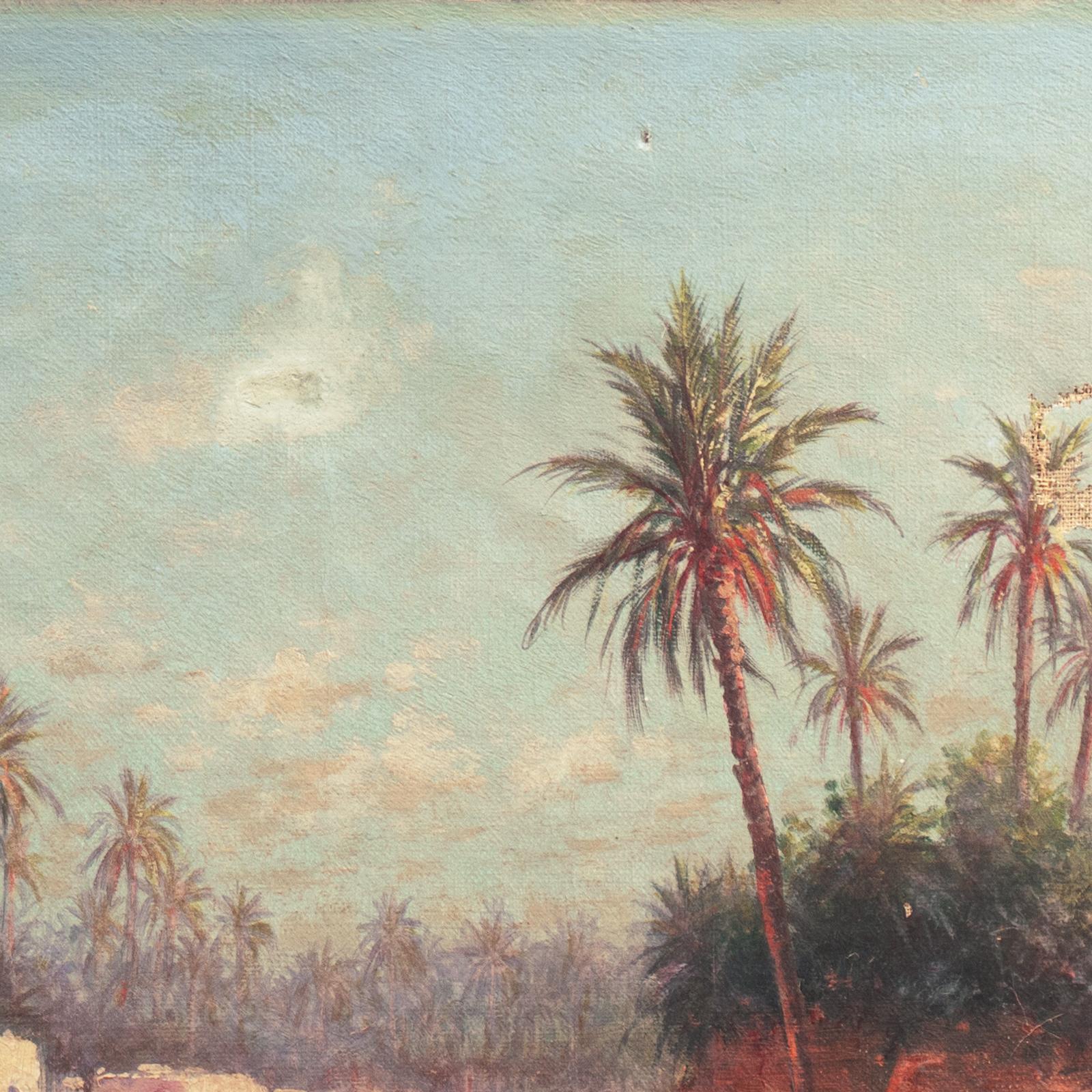'Camels at a Tunisian Oasis', French School Orientalism, North African, Romantic - Brown Landscape Painting by Unknown
