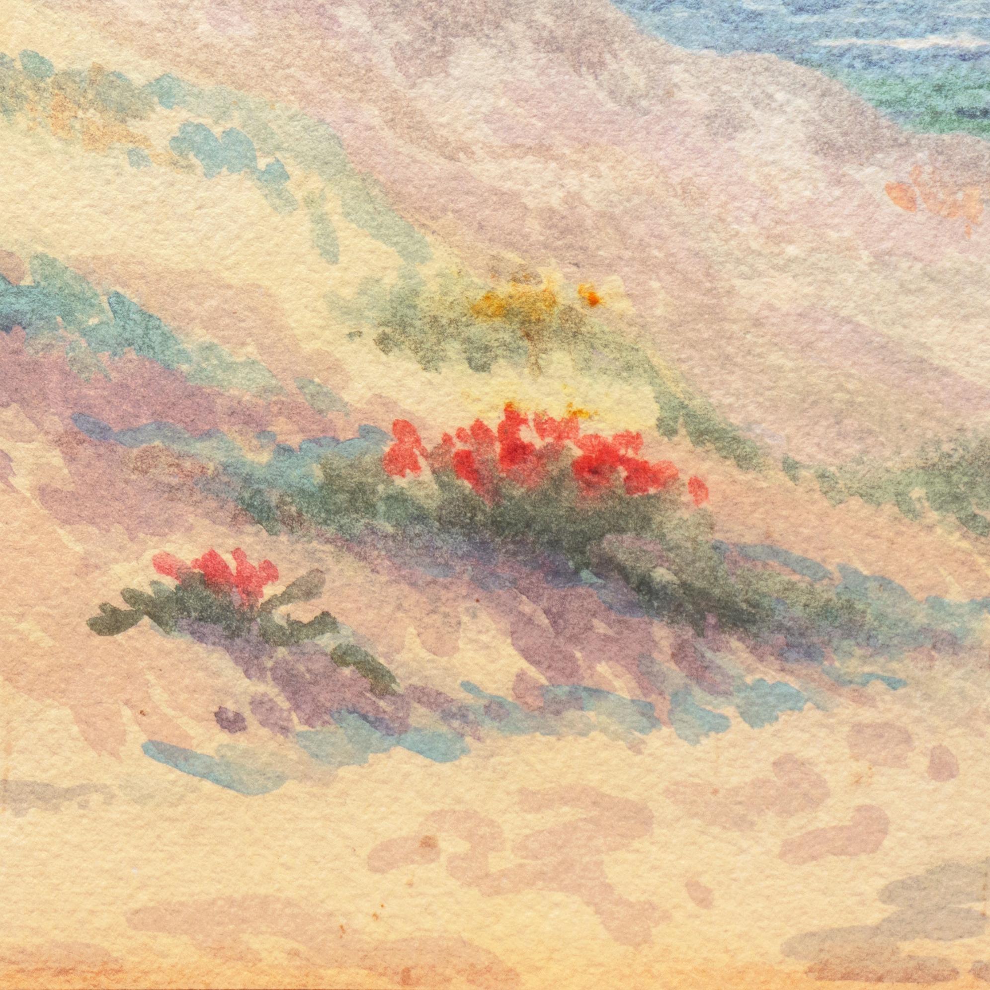 An intimate view of the sand dunes outside Carmel, California with blooming succulents growing amidst the heather and a view towards the Pacific Ocean. Signed lower left, 'W.E. Chamberlin' for Winnie Chamberlin (American, 1878-1953) and painted