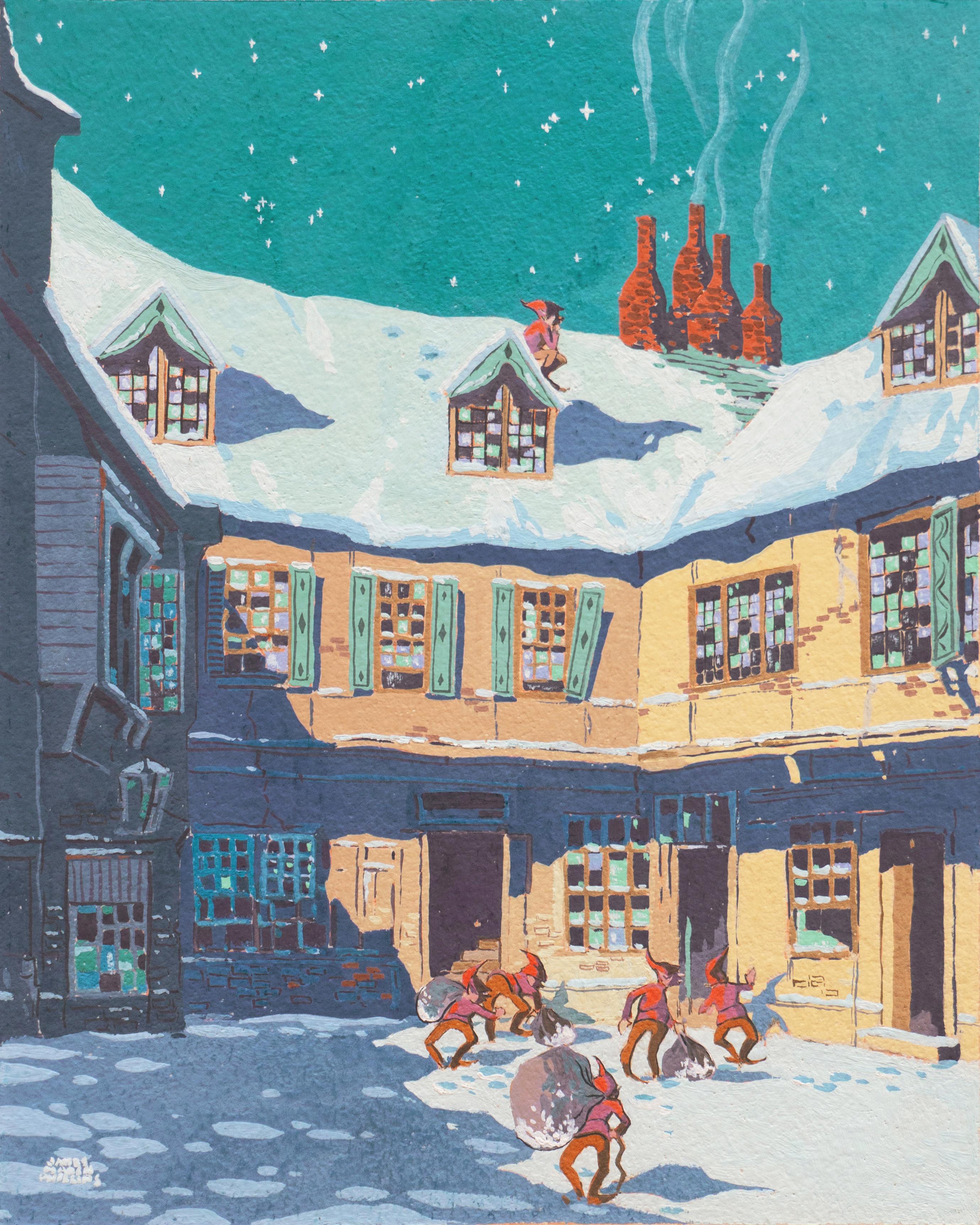 'Elves, Christmas Village on a Starry Night' San Francisco Post-Impressionist