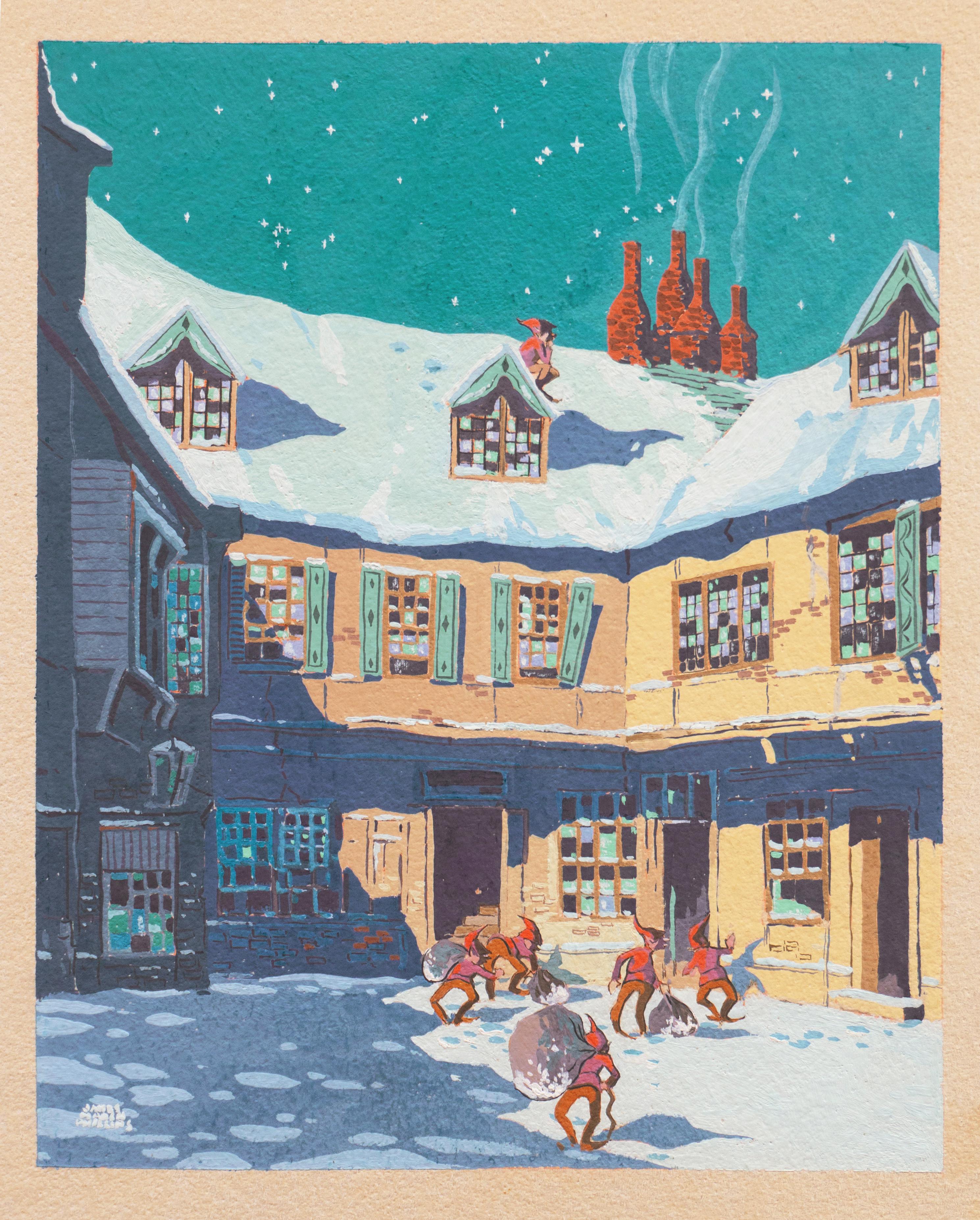 « Elves, Christmas Village on a Starry Night » post-impressionniste de San Francisco en vente 3