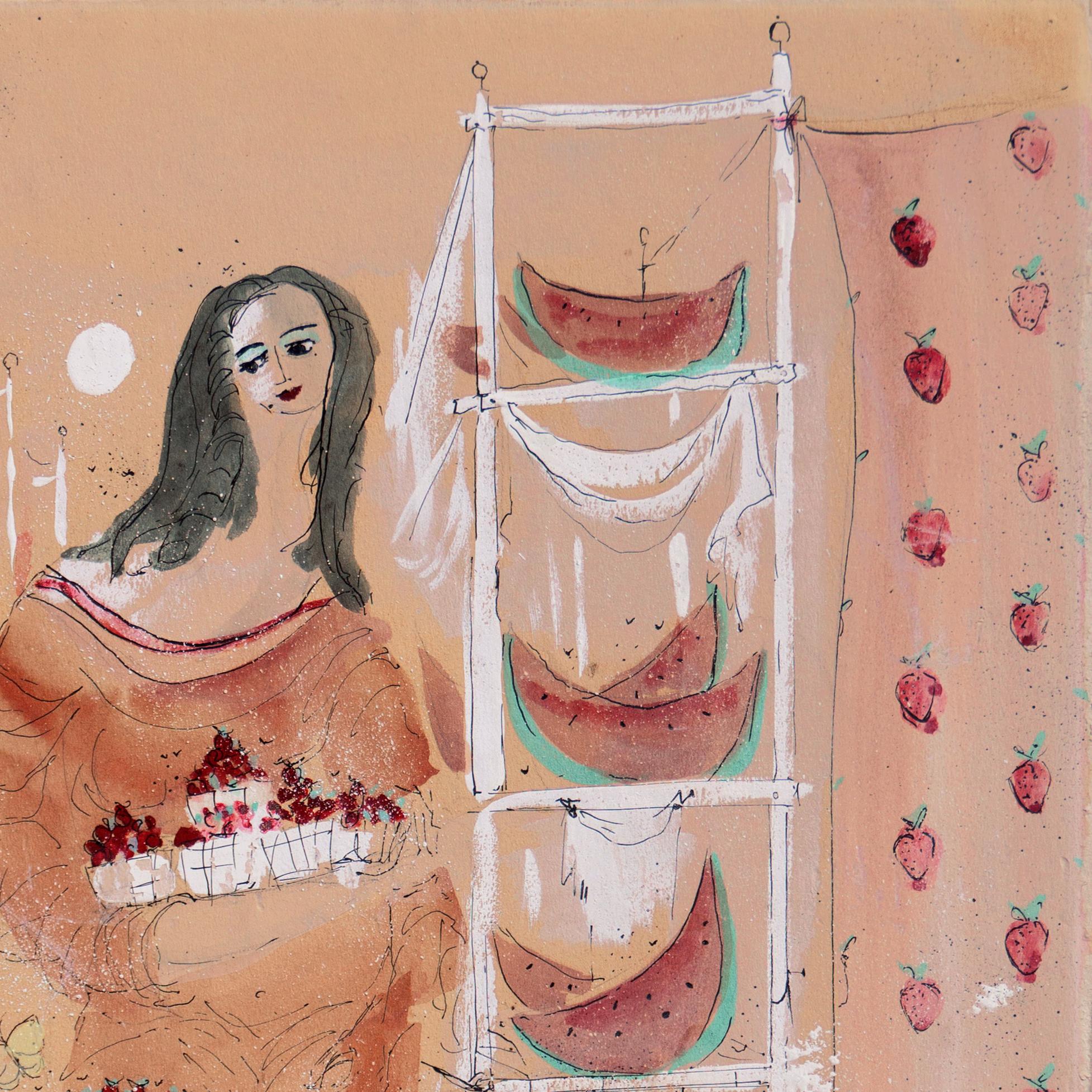 « At the Fruit Stand », scène de marché avec vendeurs, mère et enfant en vente 2