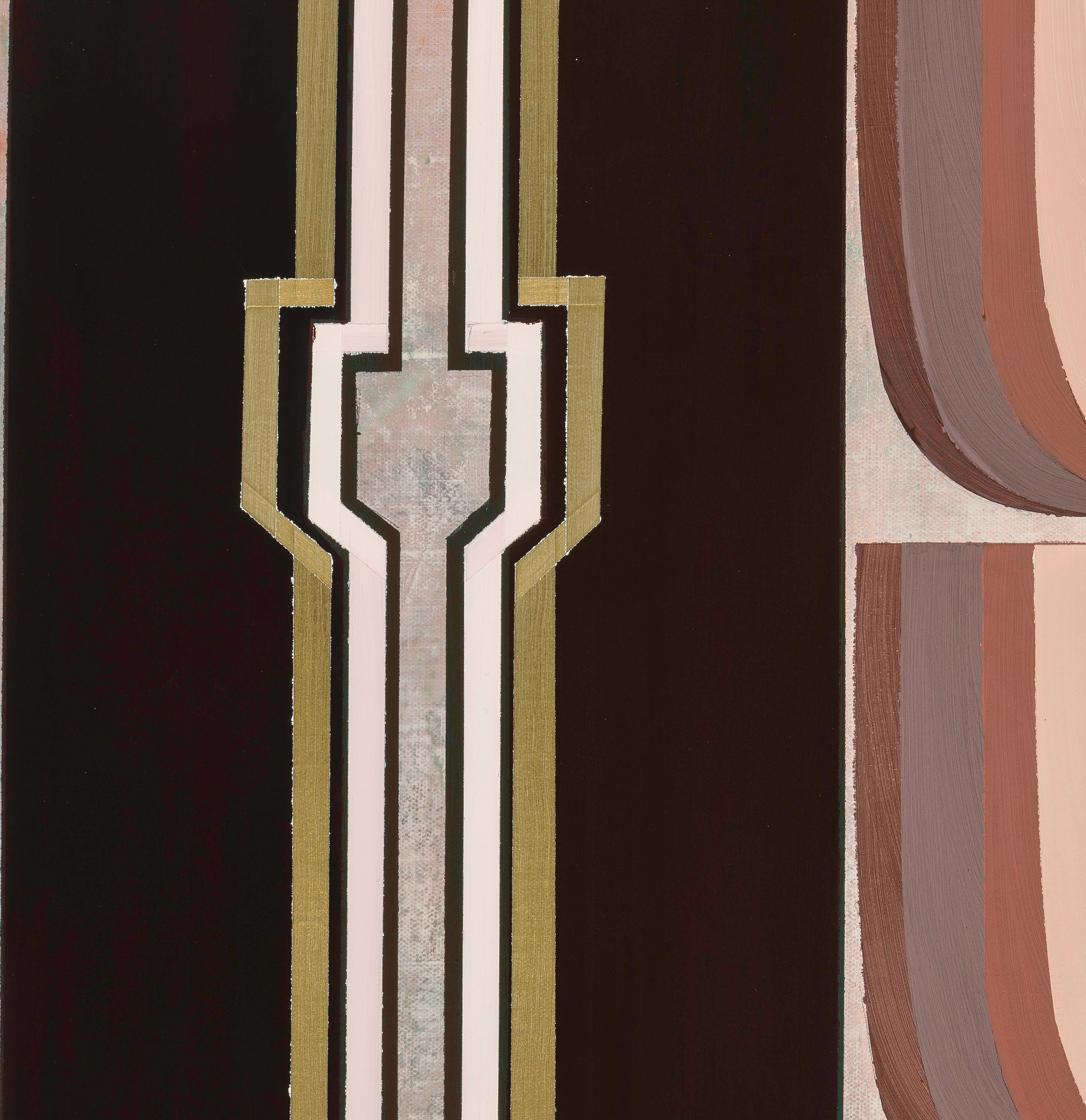 Alyson Khan’s abstracts are inspired and influenced by Art Deco and Mid-Century Modern aesthetics with allusions to tribal mark making and esoteric symbology. Her rough-hewn, multi-layered compositions include hints of two-dimensional icons, stained