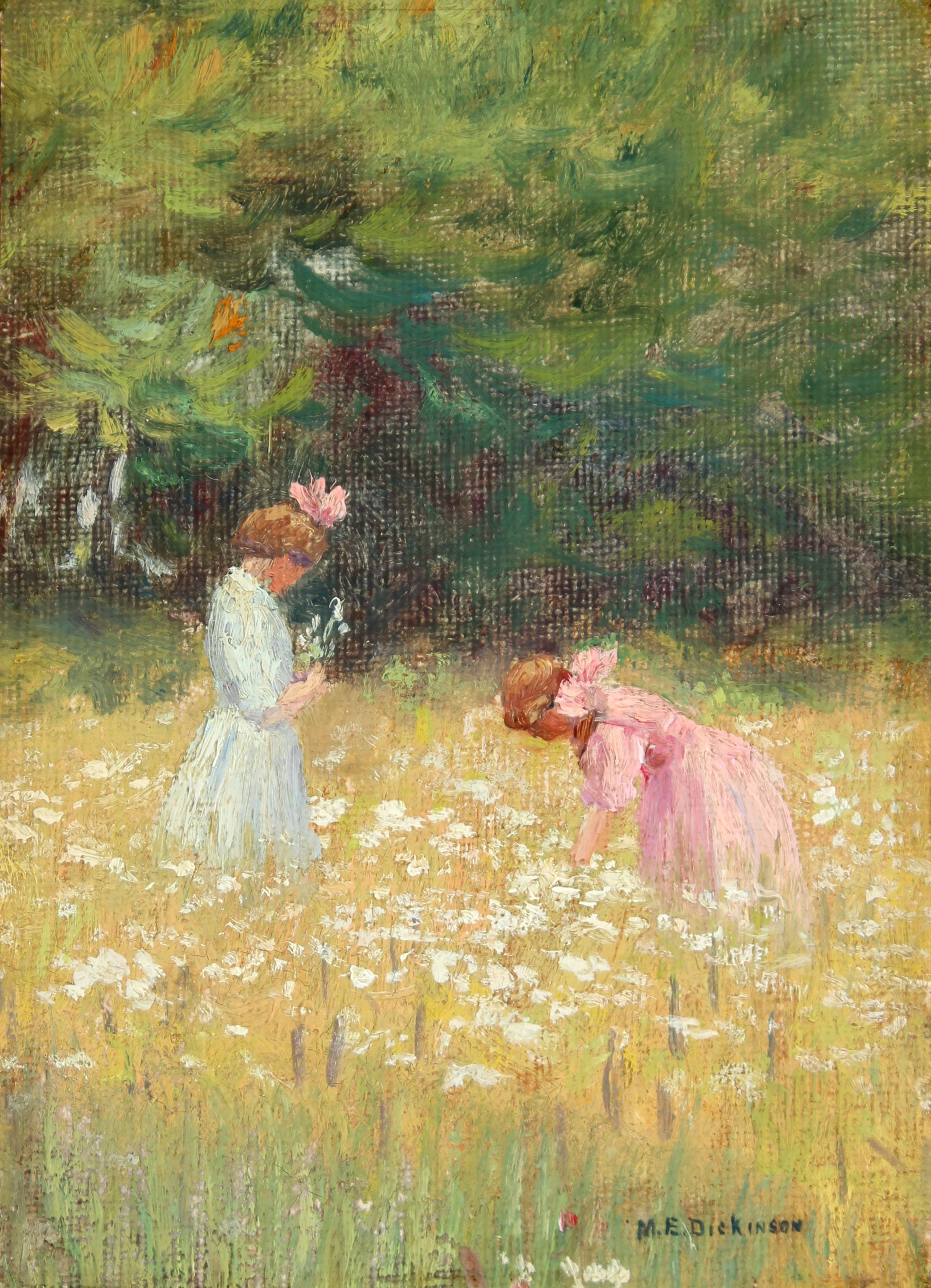 Mabel E. Dickinson Pond Figurative Painting - Frances and Ruth Jennings in a Field of Flowers