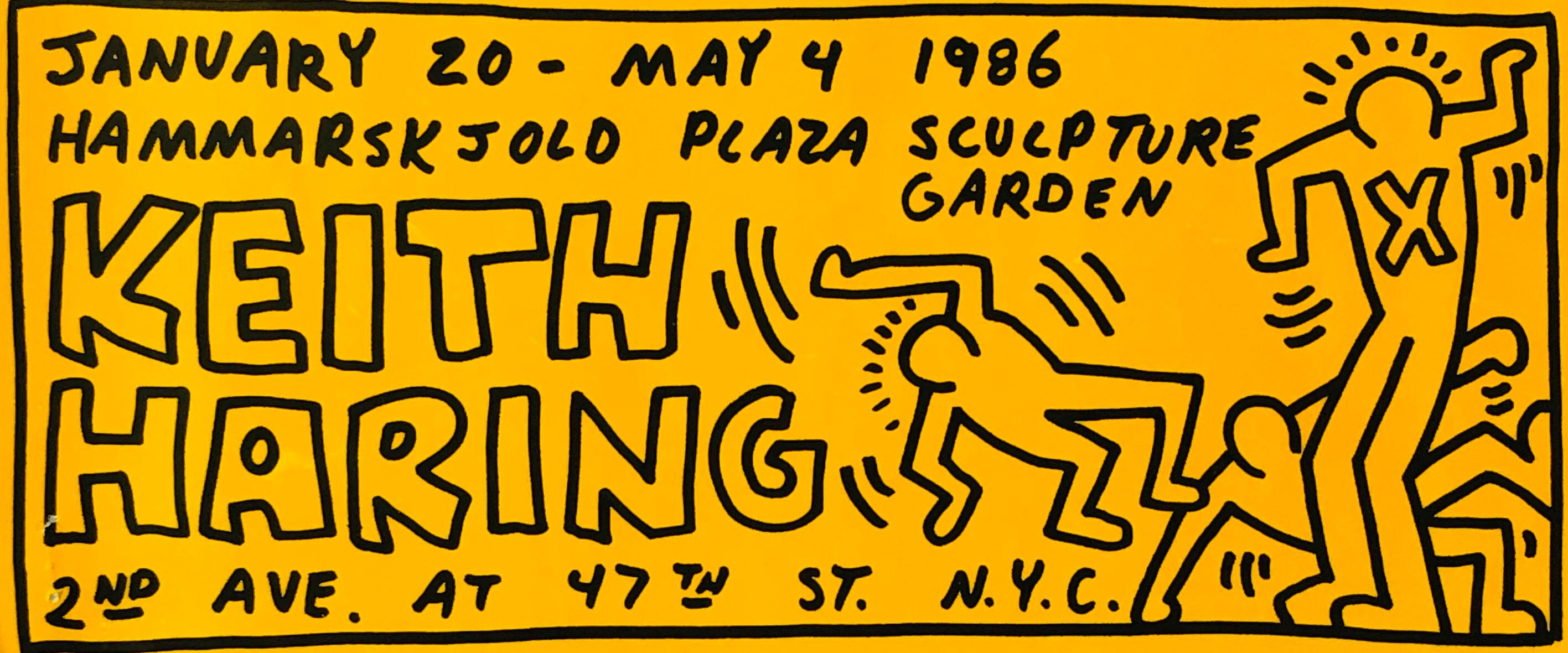 Keith Haring National Endowment for the Arts, New York 1986:
Vintage original Haring designed announcement advertising an exhibition of two of Keith Haring’s sculptures, one untitled and the other called
“Blue Curling Dog” on display at Dag