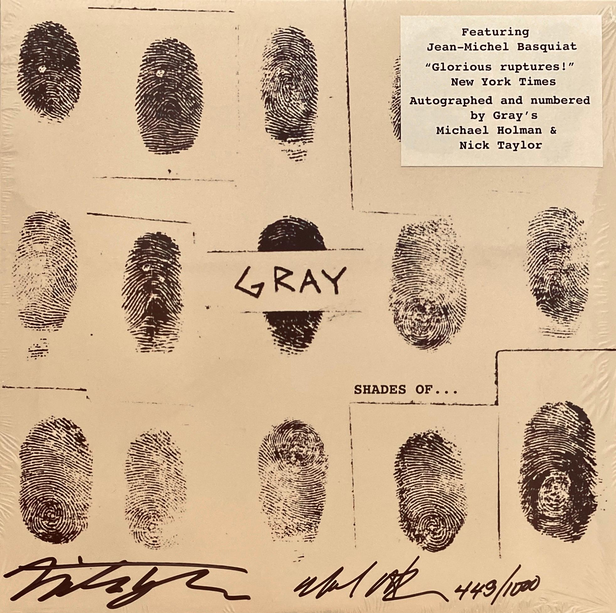 Rare "Gray, Shades of..." Vinyl Record Album featuring offset cover art from Jean Michel Basquiat, "who immortalized the work by integrating his fingerprint into the original piece (Gray Co-founder Michael Holman)." This jewel of a record also