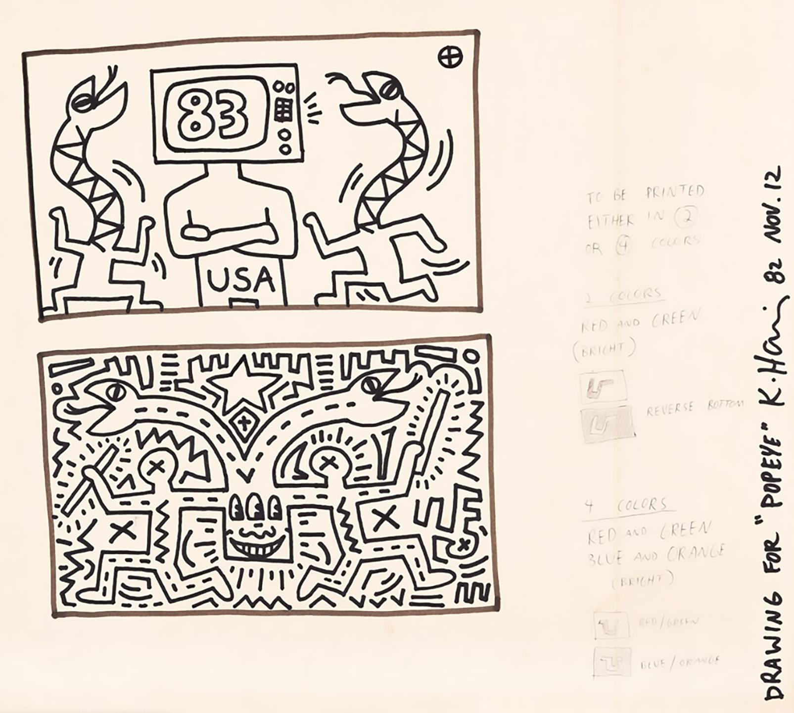 Keith Haring drawing Japan 1982:
Keith Haring executed this rare double drawing during his key breakout year of 1982 in collaboration with the historic Japanese pop cultural publication: Popeye. 

The work emanates from the personal collection of a