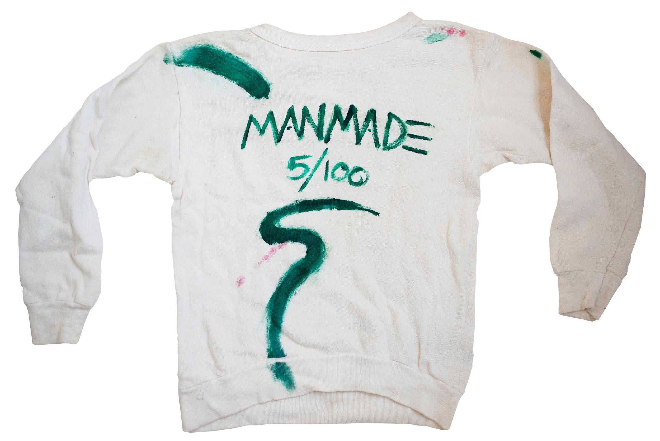 Jean-Michel Basquiat (untitled), 'MAN MADE Sweatshirt', c. 1979:
Basquiat produced this rare original hand-painted sweatshirt (among others, with only few known to have survived) for the purposes of selling these on his own and through the historic