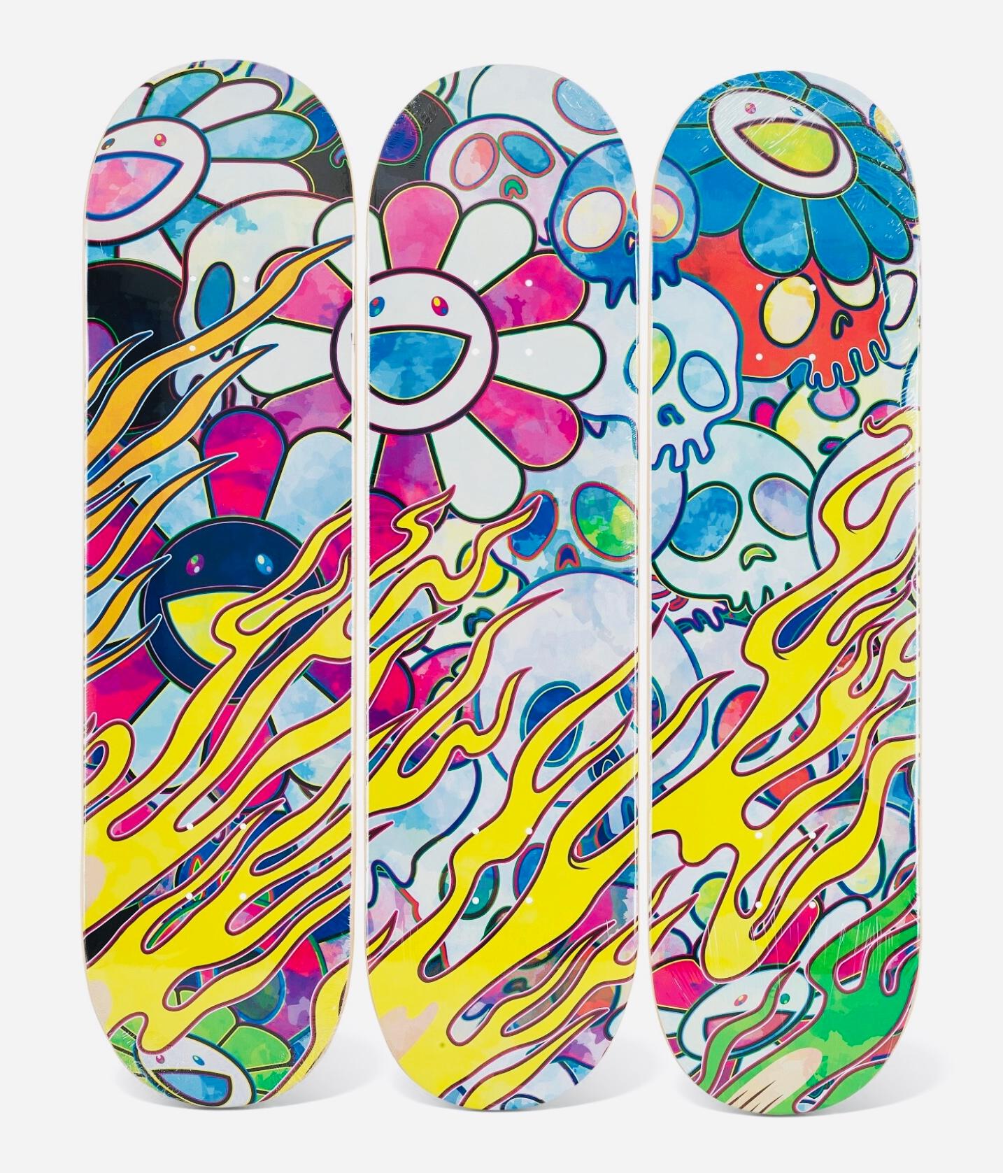 Set of 3 Takashi Murakami Skateboard Decks 2018:
A standout triptych of Takashi Murakami skate decks produced as a limited series. A brilliant set that makes for vibrant one of a kind wall-art that hangs with ease. 

Medium: Offset print on 3 Maple