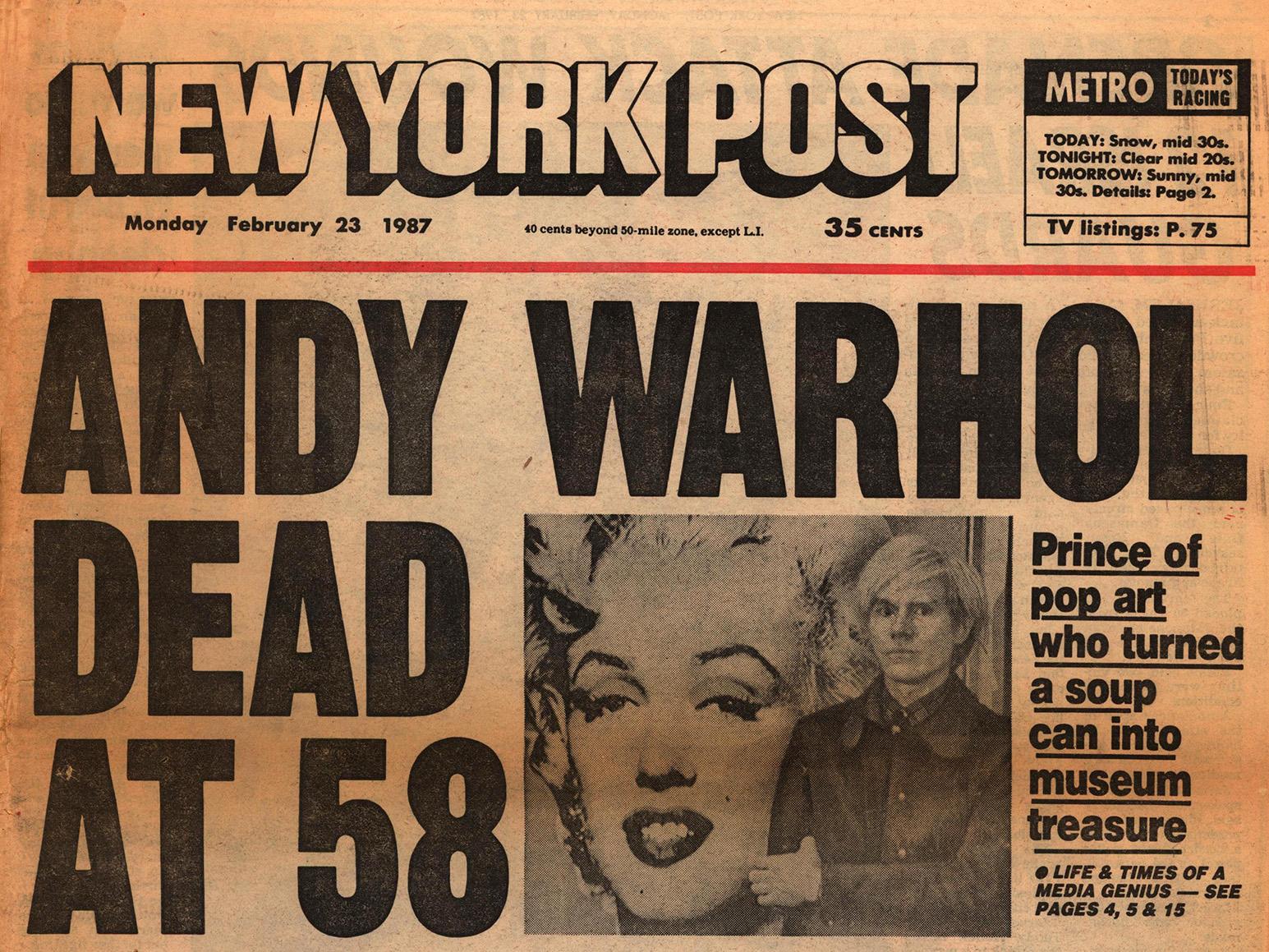Andy Warhol stirbt! Satz von vier NY-Zeitungen von 1987, die Andy Warhols Tod ankündigen (Pop-Art), Art, von (after) Andy Warhol