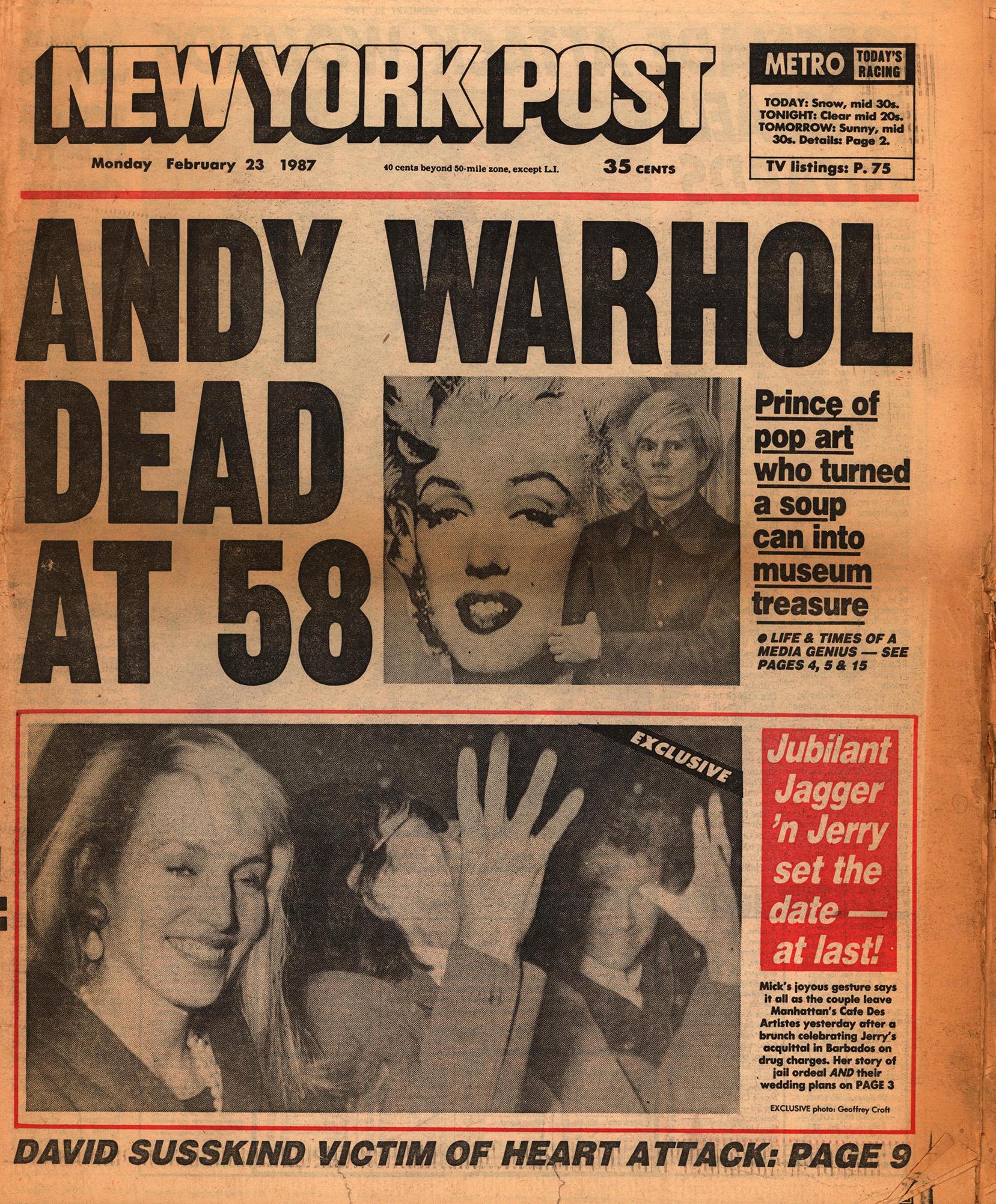 Andy Warhol meurt ! Ensemble de quatre journaux de New York de 1987 annonçant la mort d'Andy Warhol