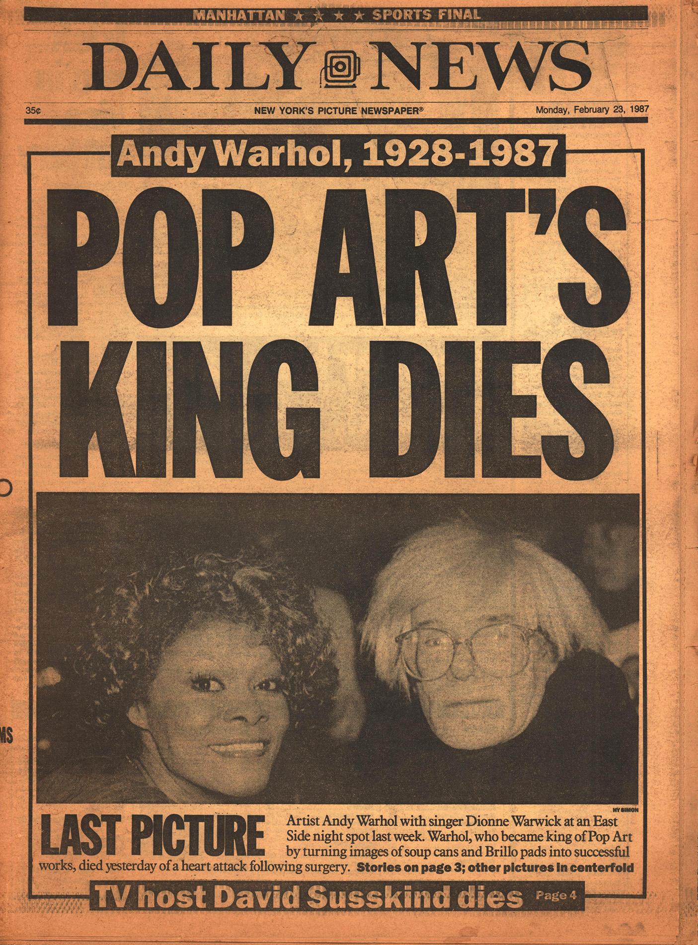 Andy Warhol Dies! Set of four complete 1987 New York newspapers announcing Warhol's death.
A rare, highly sought-after series that would look unique framed together as a collage. An ironic twist on Warhol's Headline Series. Unique Warhol