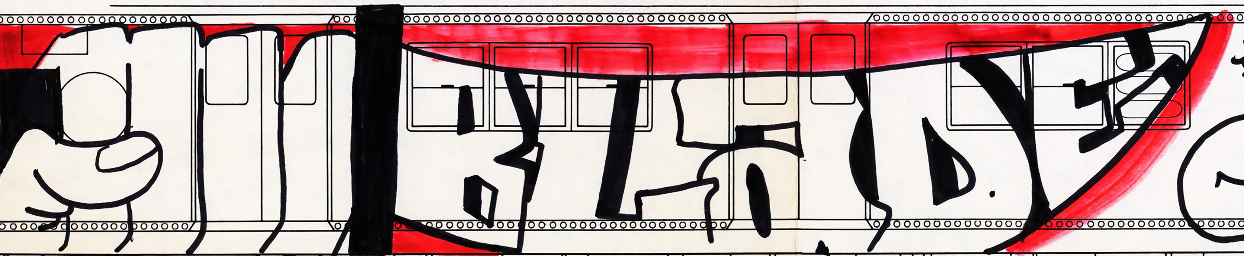 BLADE subway graffiti drawing 1992:
A stunning, highly collectible original work from Blade - King of Graffiti. Executed in 1992, the work was created by Blade as a mock-up entry for the graffiti book “After Eights Still Rollin.” Artists from around