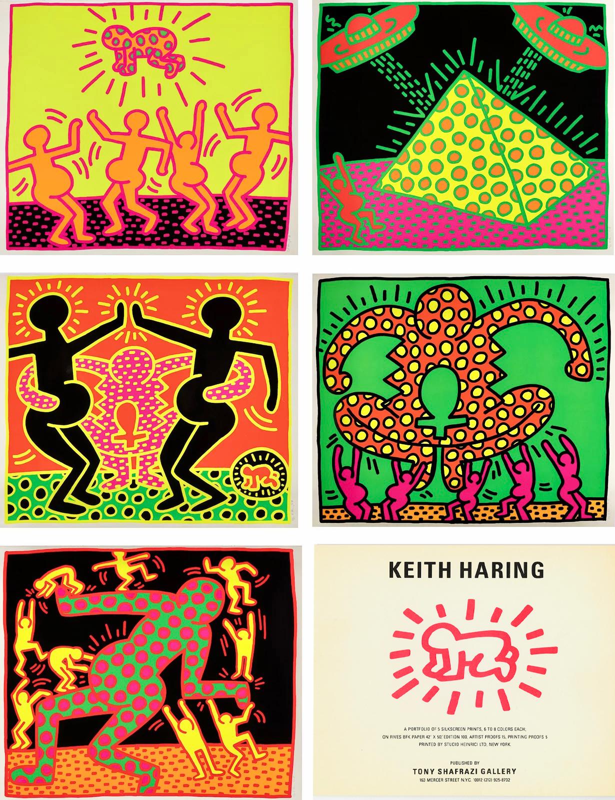 Keith Haring Fertilité 1983 :
Série complète de cinq cartes promotionnelles de 1983 de Keith Haring Tony Shafrazi publiées pour promouvoir les sérigraphies de Keith Haring "The Fertility Suite" ; chaque carte reflète les versions plus grandes des