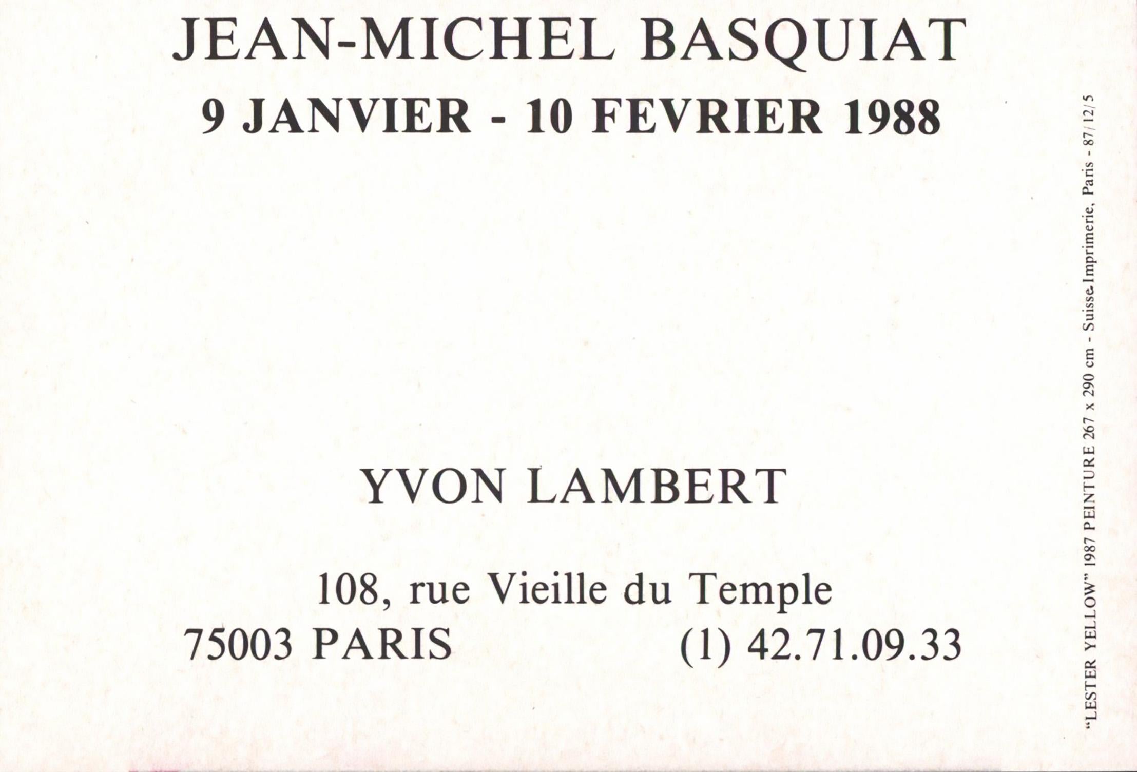 Jean-Michel Basquiat, Superkamm 1988
Seltene, von Basquiat illustrierte Ankündigungskarte für eine Ausstellung im Jahr 1988 anlässlich der: Jean-Michel Basquiat in der Galerie Yvon Lambert, Paris, Januar - Februar, 1988. Ein historisch bedeutendes